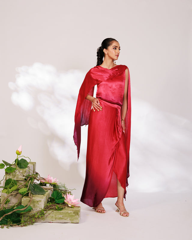 Sora Dress - Red Plum Ombre Draped Golden Silk Skirt Set