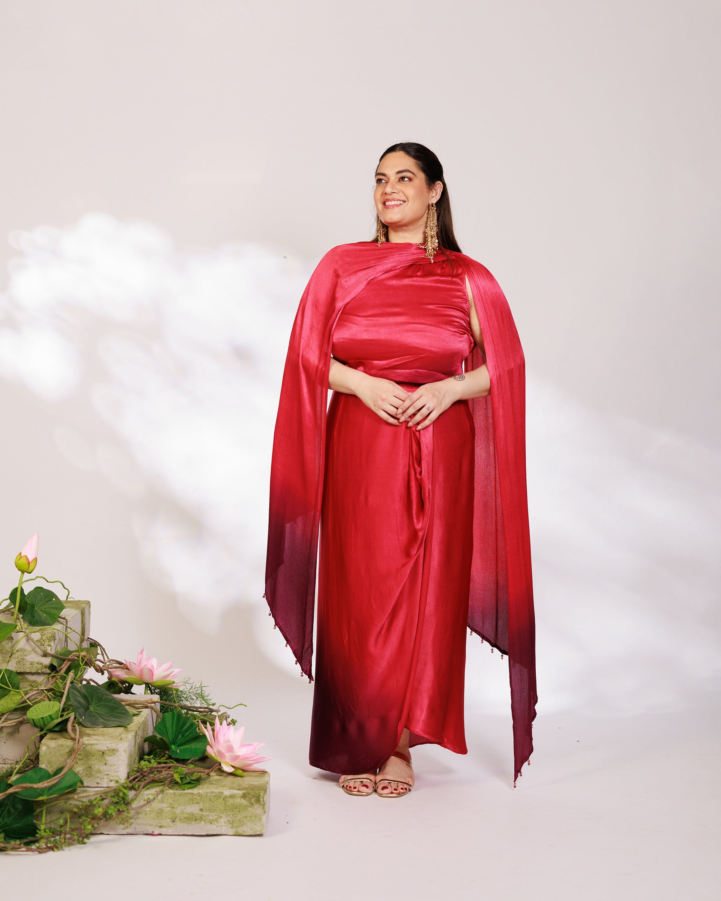 Sora Dress - Red Plum Ombre Draped Golden Silk Skirt Set