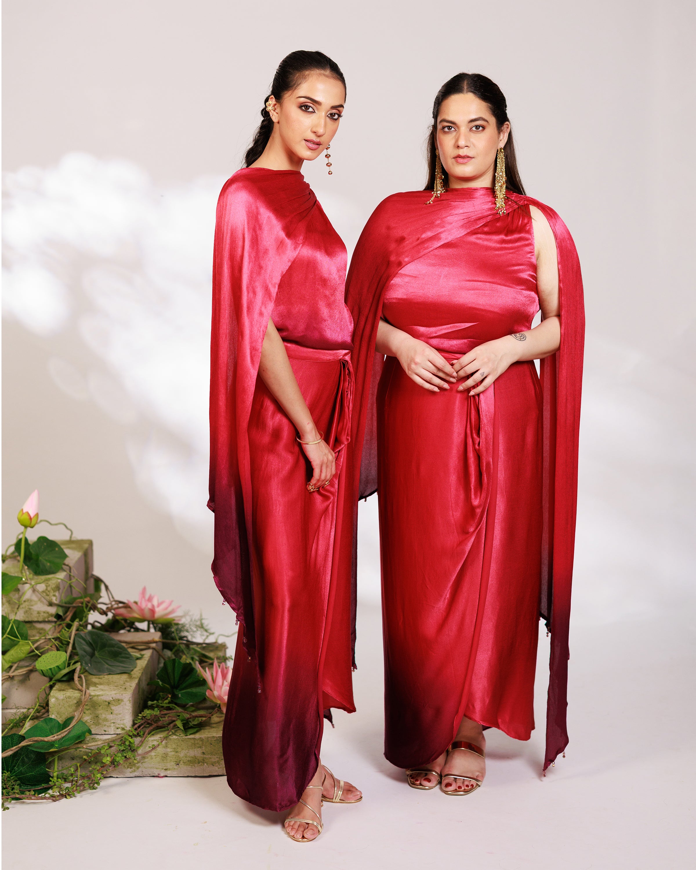 Sora Dress - Red Plum Ombre Draped Golden Silk Skirt Set