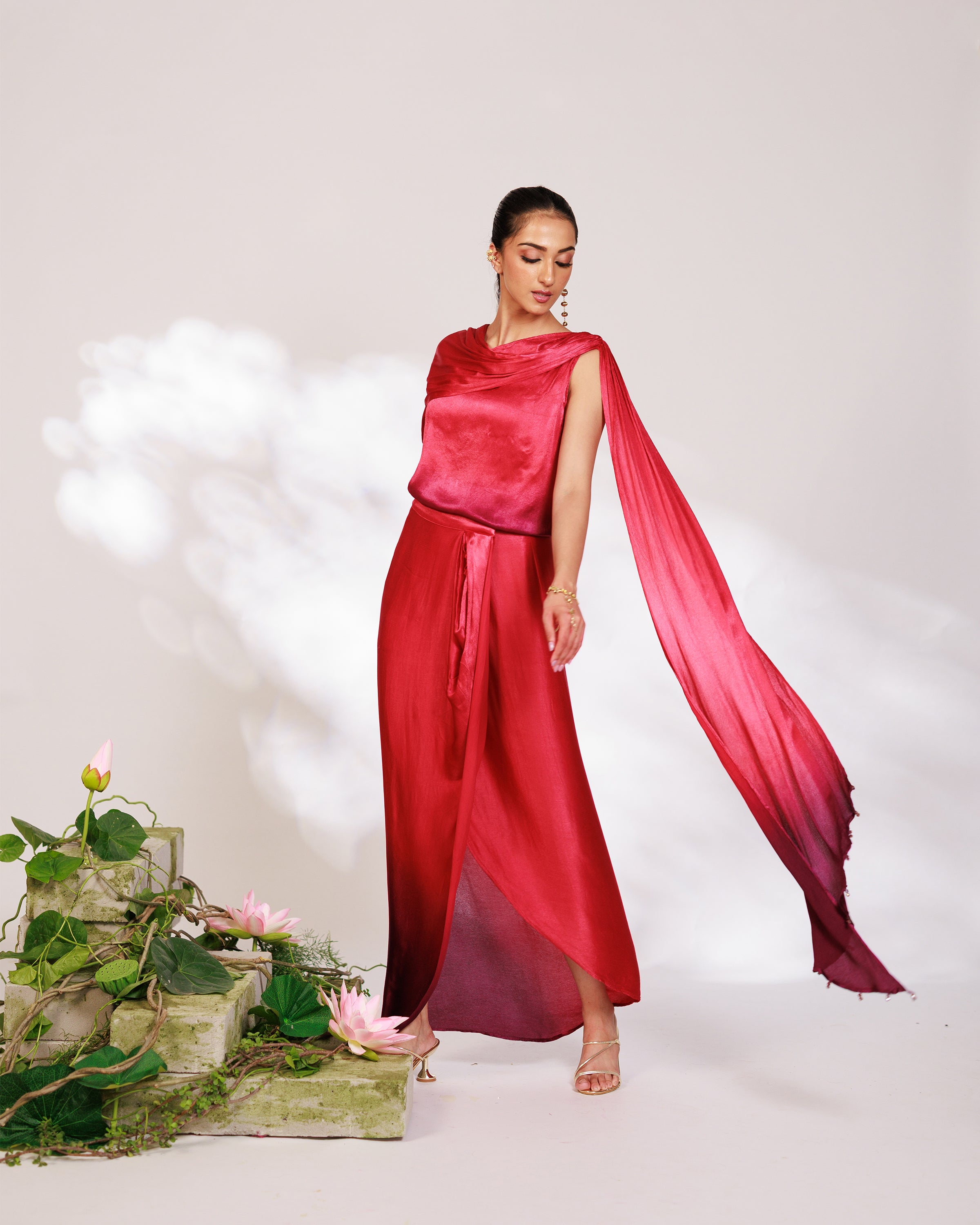 Sora Dress - Red Plum Ombre Draped Golden Silk Skirt Set