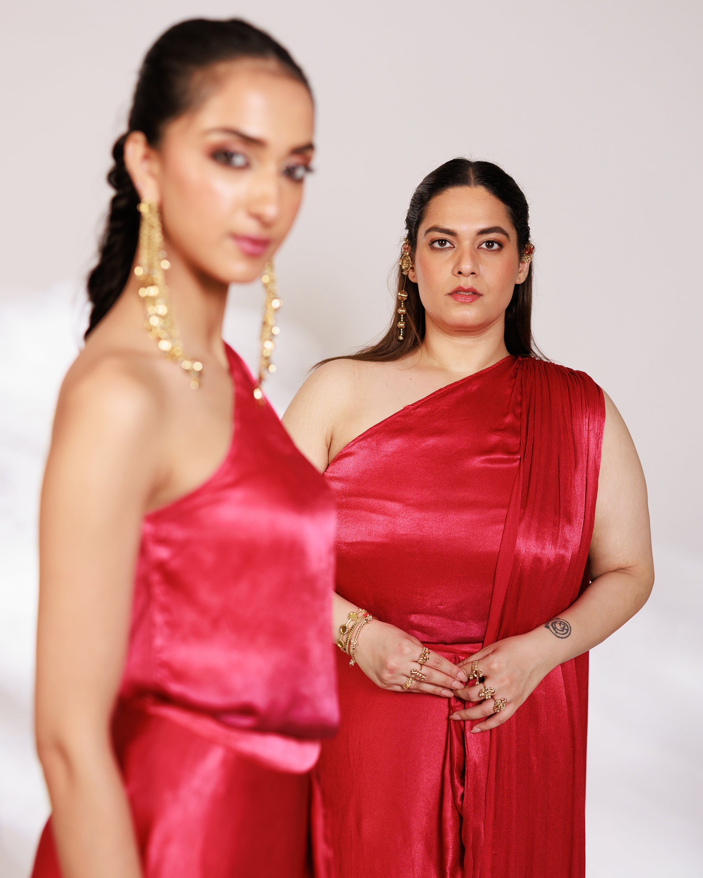 Sora Dress - Red Plum Ombre Draped Golden Silk Skirt Set