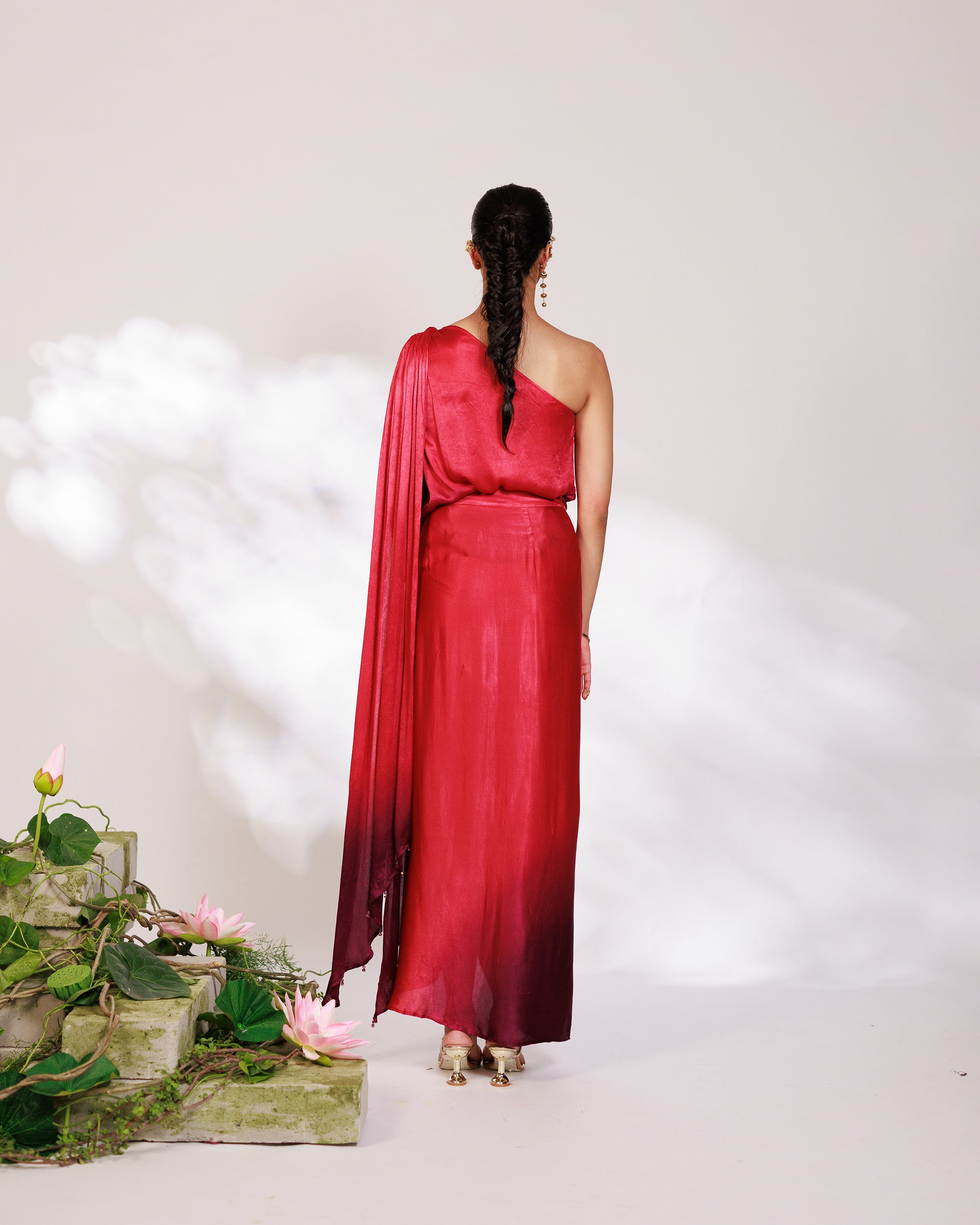 Sora Dress - Red Plum Ombre Draped Golden Silk Skirt Set