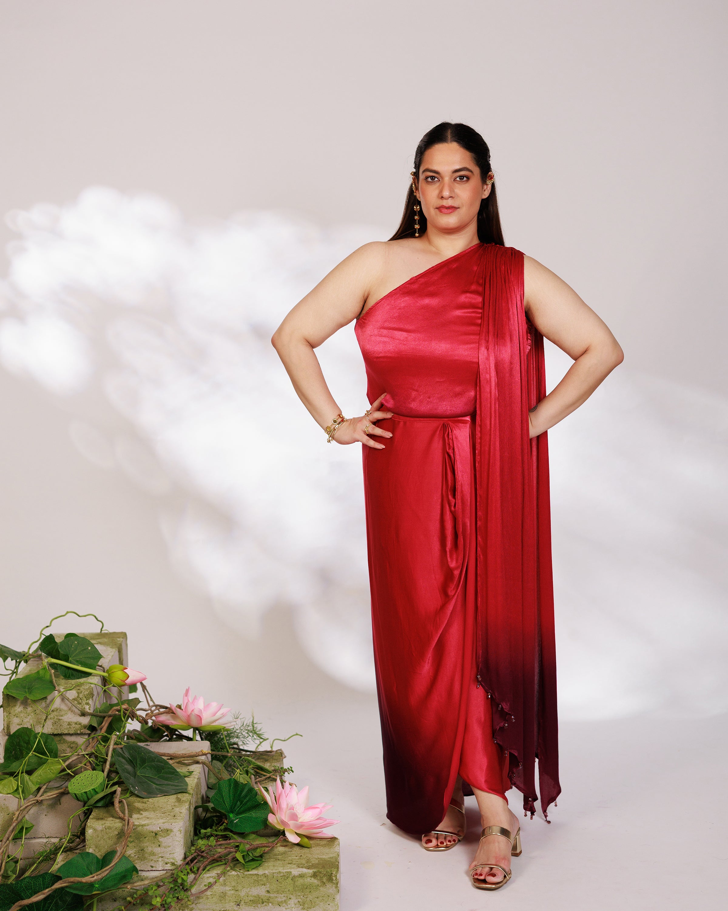 Sora Dress - Red Plum Ombre Draped Golden Silk Skirt Set