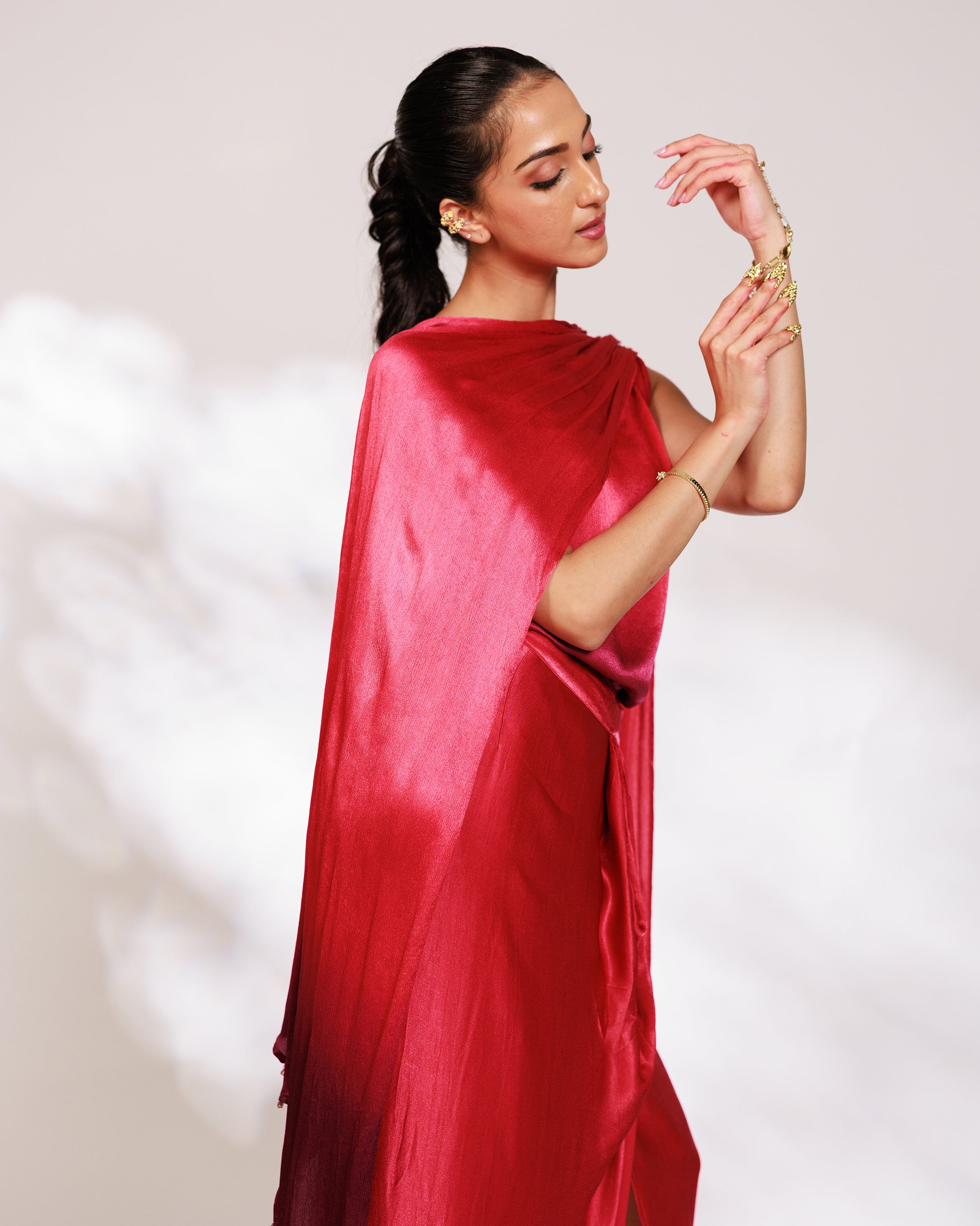 Sora Dress - Red Plum Ombre Draped Golden Silk Skirt Set