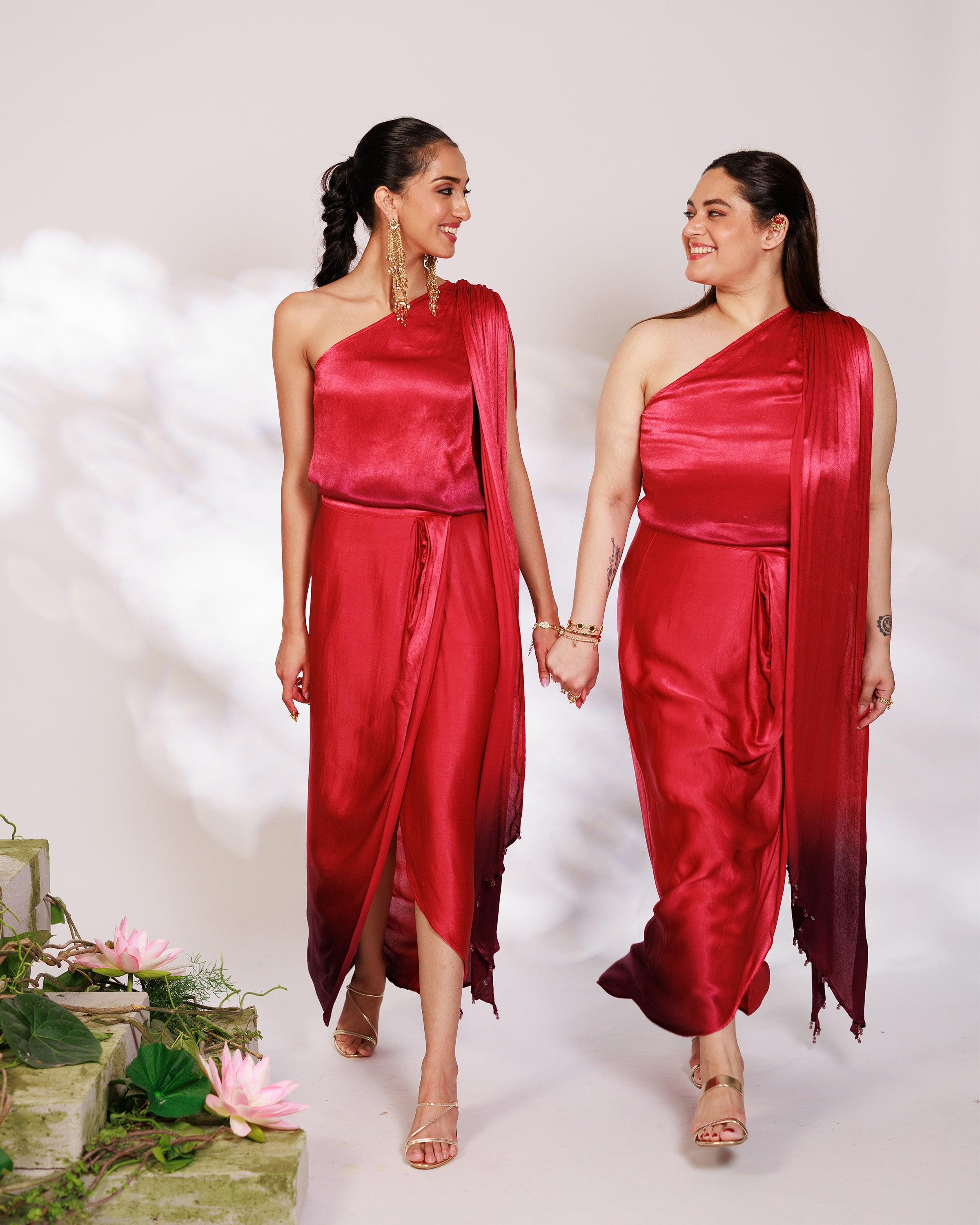 Sora Dress - Red Plum Ombre Draped Golden Silk Skirt Set