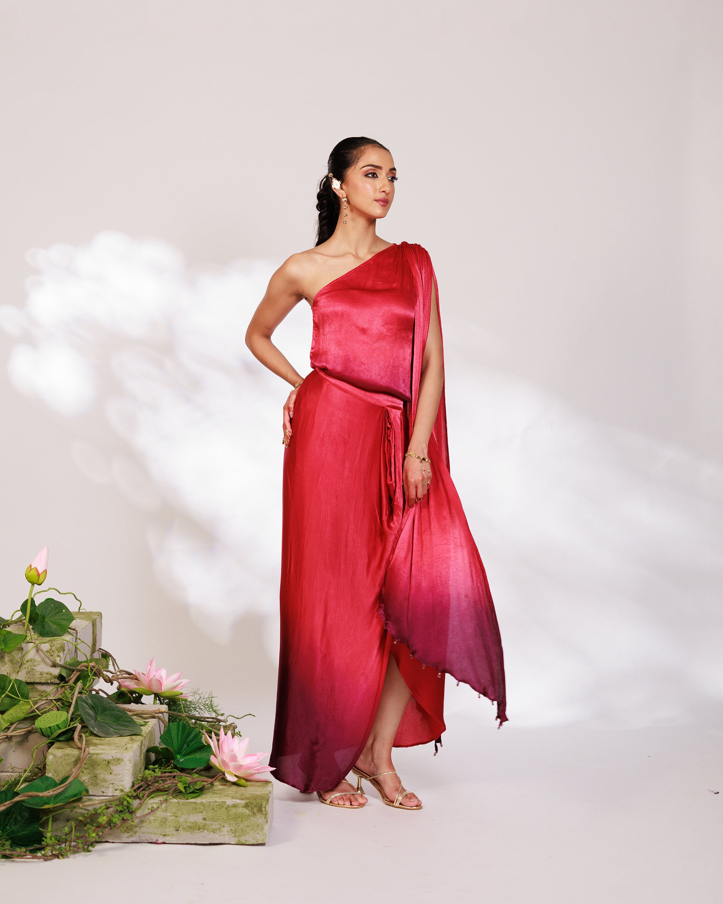 Sora Dress - Red Plum Ombre Draped Golden Silk Skirt Set