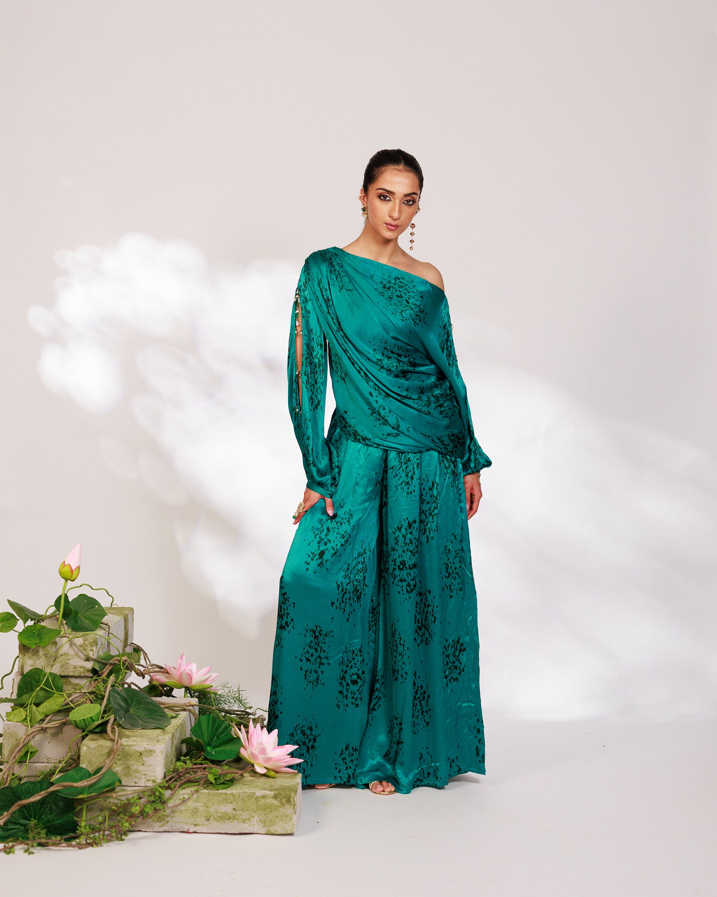 Celina Co-ord Set - Royal Teal Chiffon Silk Drape Sharara Set