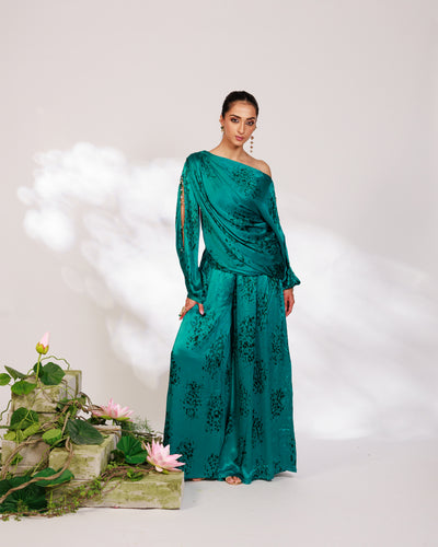 Celina Co-ord Set - Royal Teal Chiffon Silk Drape Sharara Set