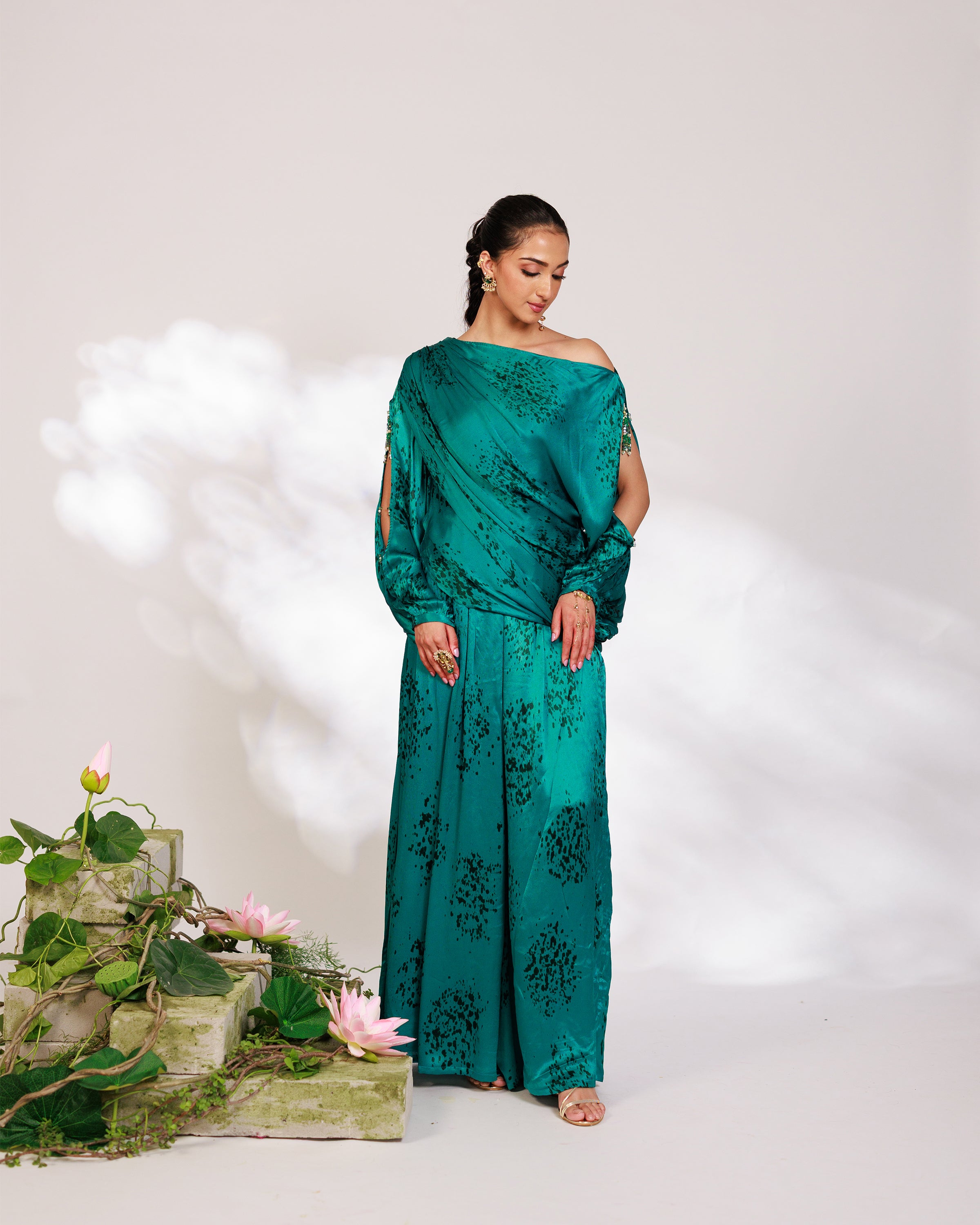 Celina Co-ord Set - Royal Teal Chiffon Silk Drape Sharara Set