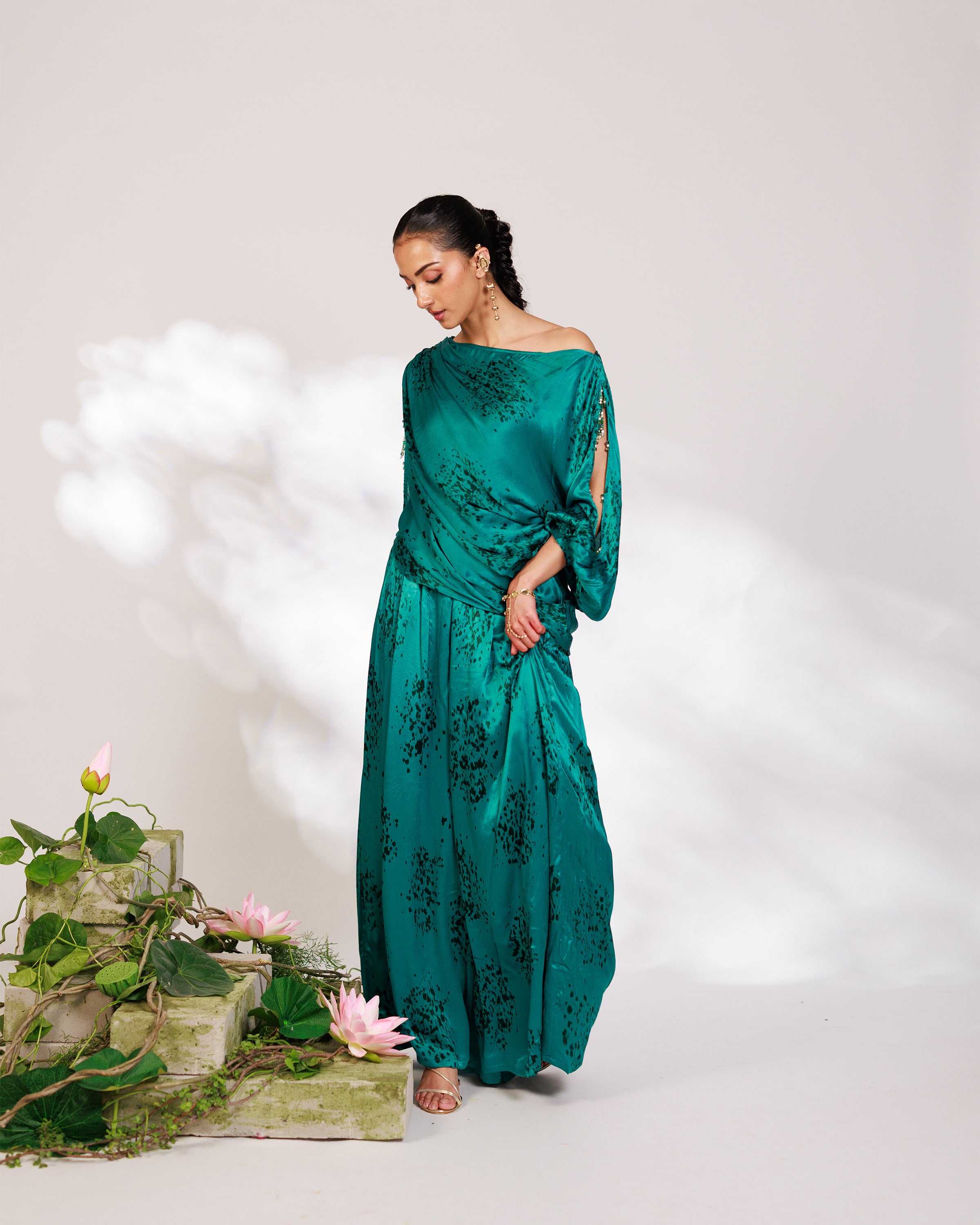Celina Co-ord Set - Royal Teal Chiffon Silk Drape Sharara Set