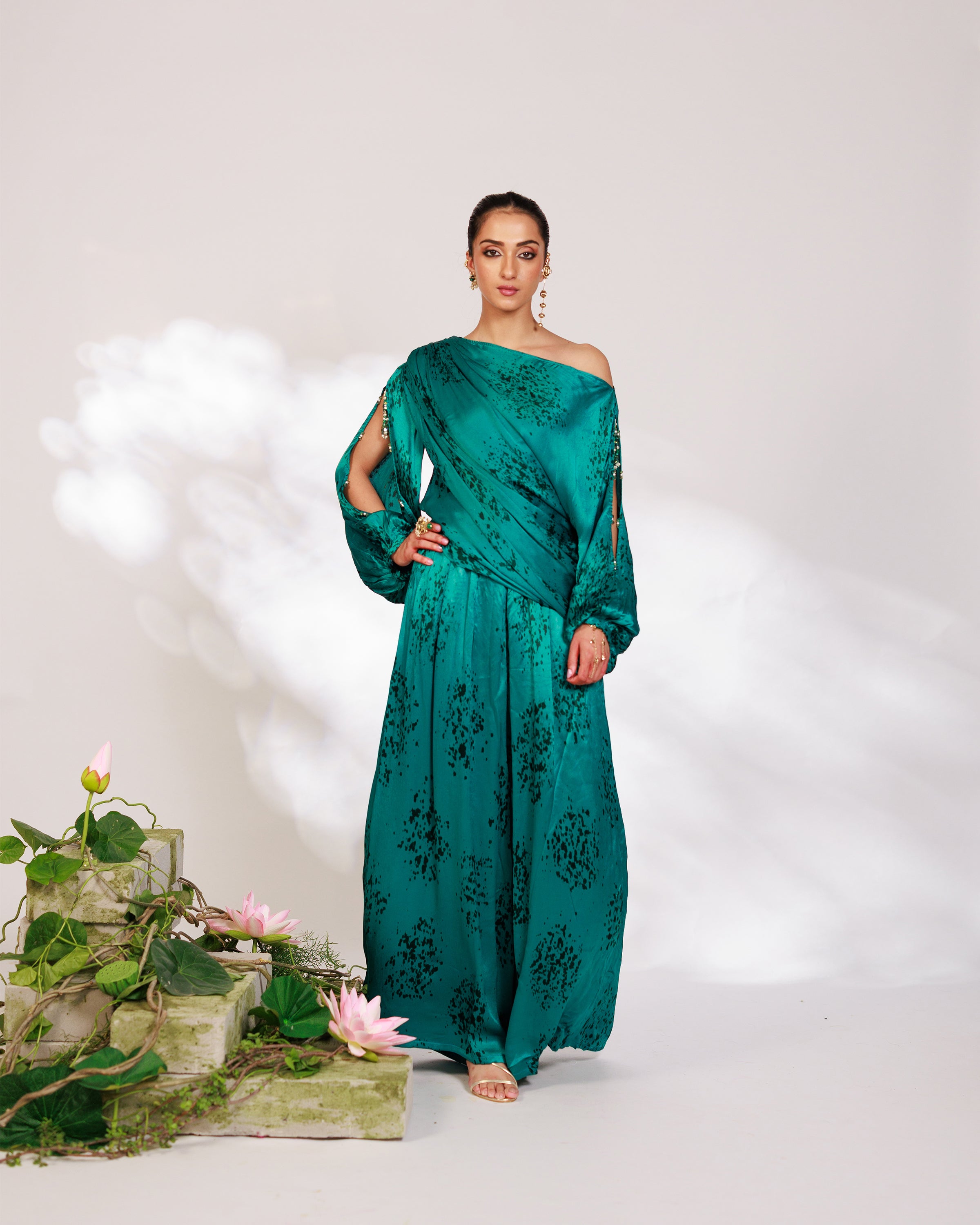 Celina Co-ord Set - Royal Teal Chiffon Silk Drape Sharara Set