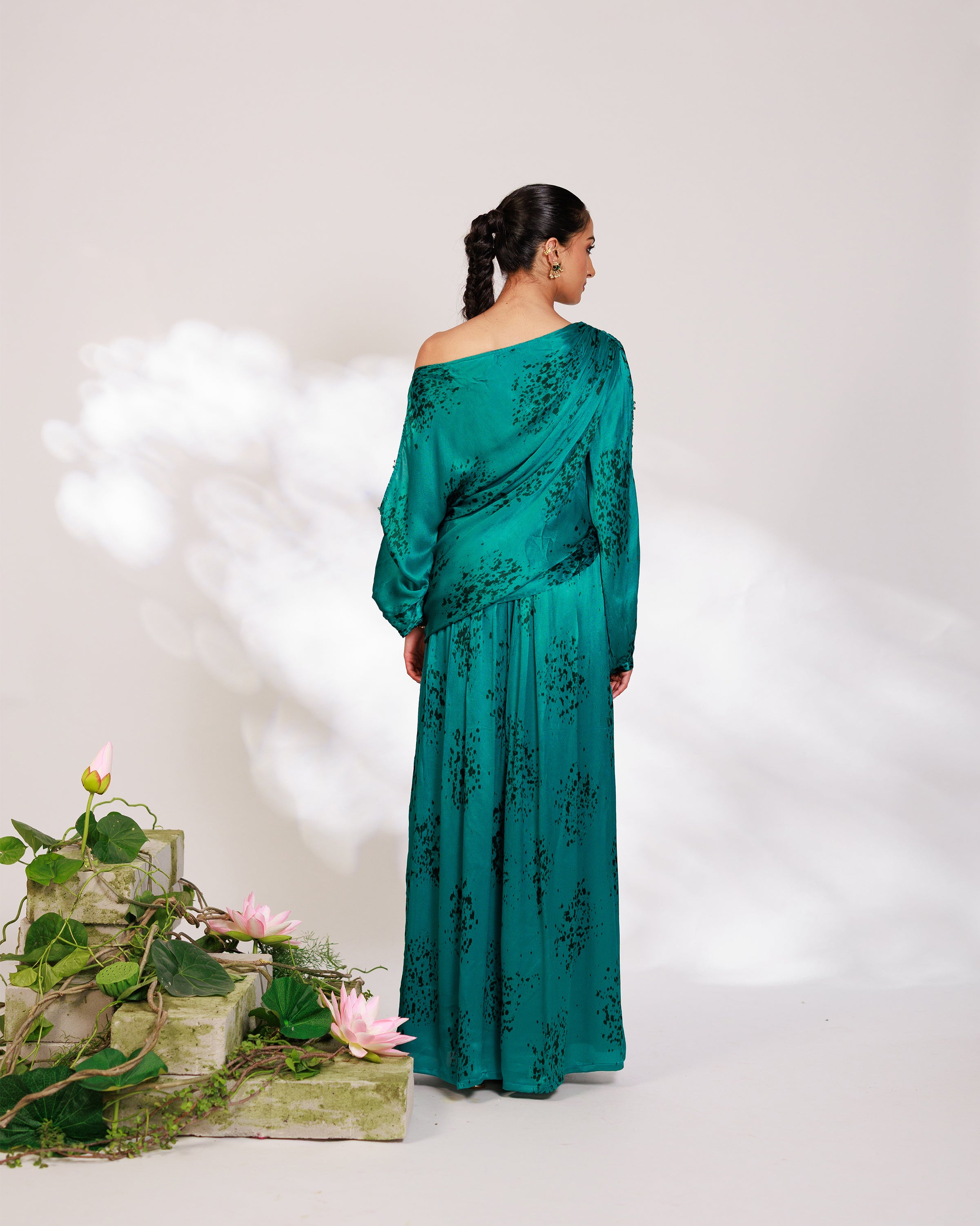 Celina Co-ord Set - Royal Teal Chiffon Silk Drape Sharara Set