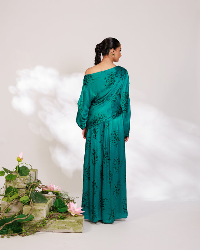 Celina Co-ord Set - Royal Teal Chiffon Silk Drape Sharara Set