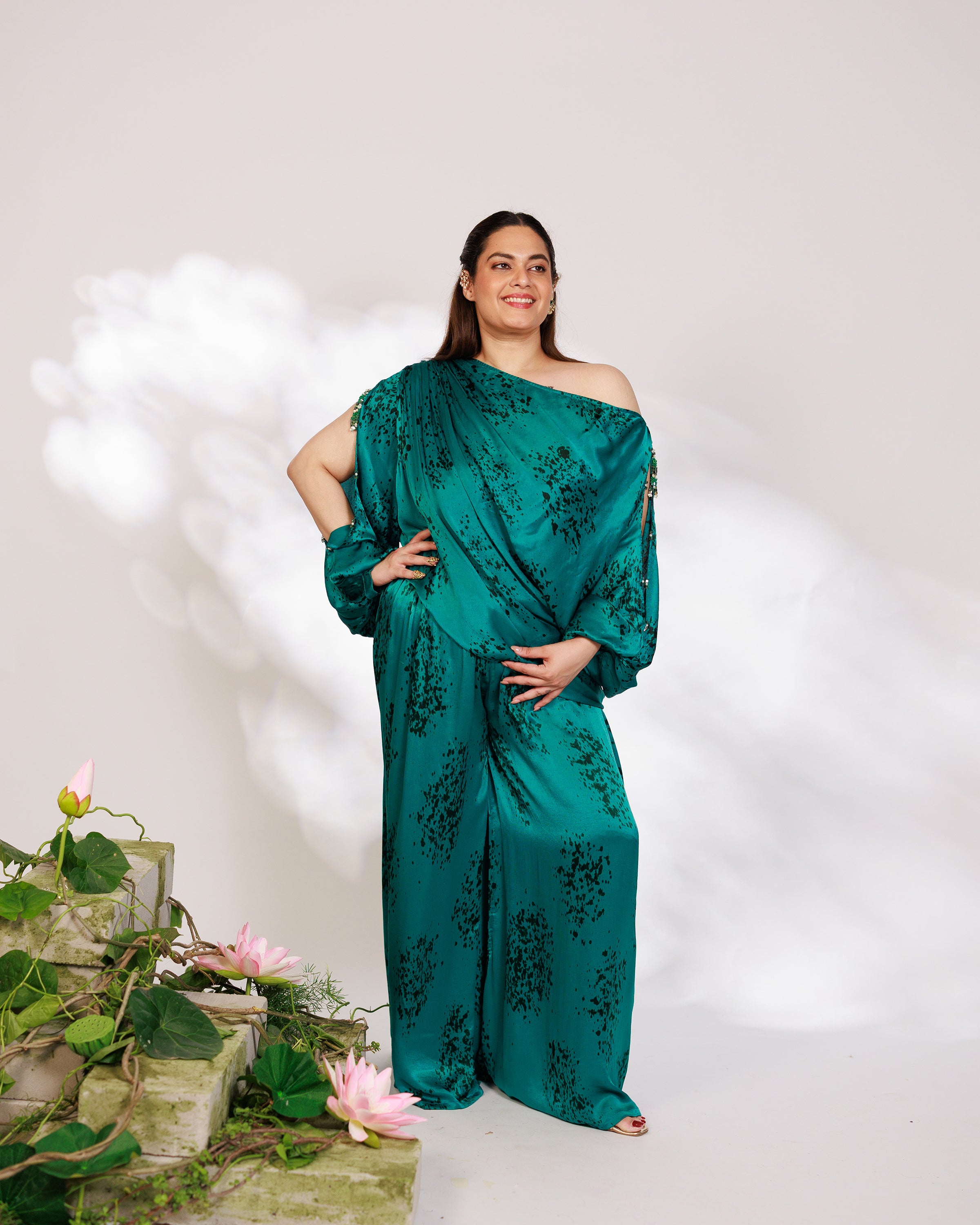 Celina Co-ord Set - Royal Teal Chiffon Silk Drape Sharara Set