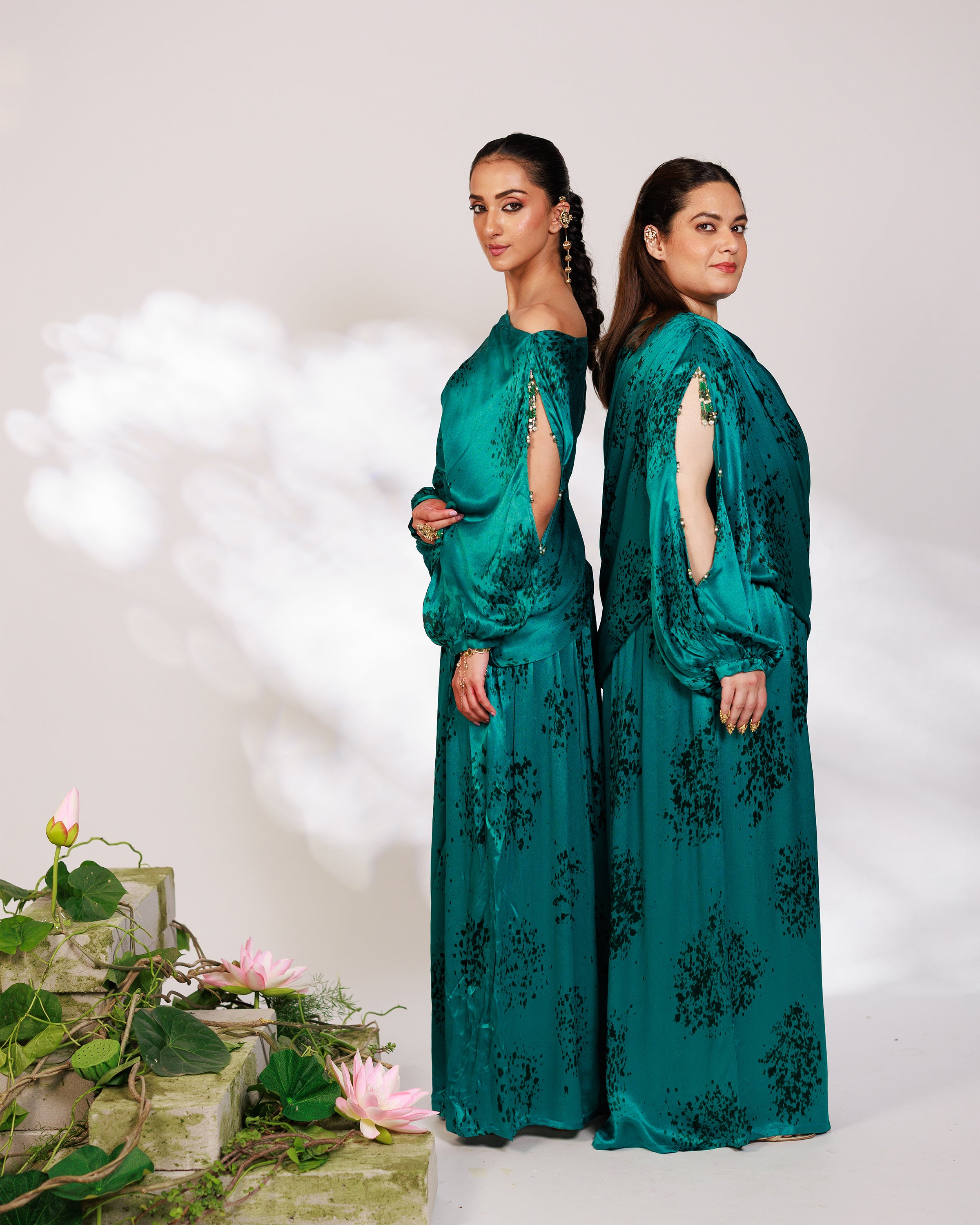 Celina Co-ord Set - Royal Teal Chiffon Silk Drape Sharara Set