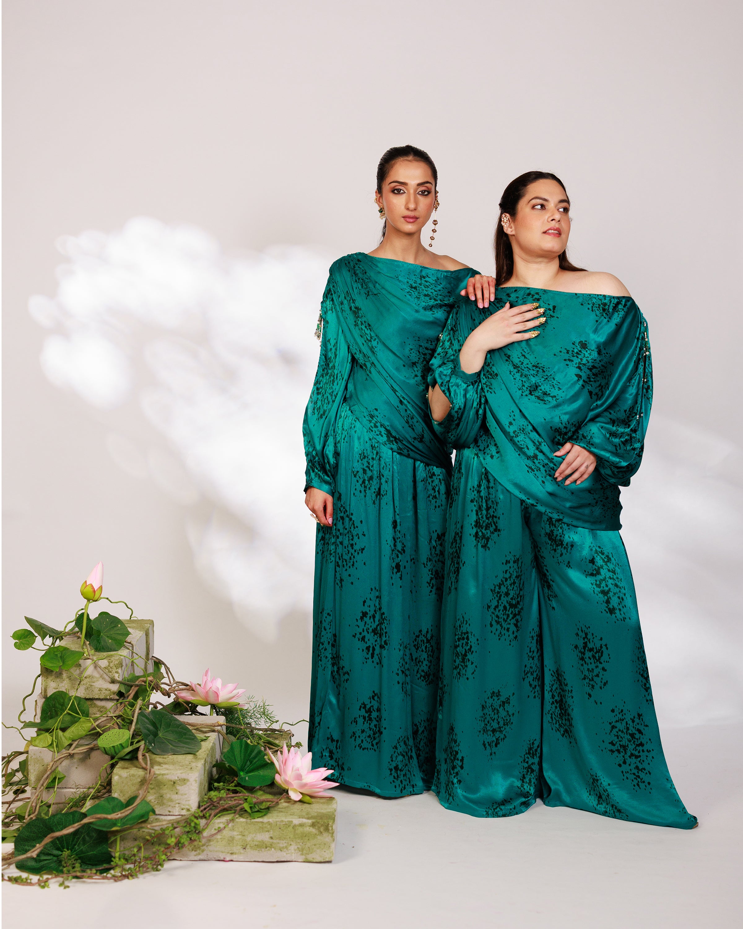 Celina Co-ord Set - Royal Teal Chiffon Silk Drape Sharara Set