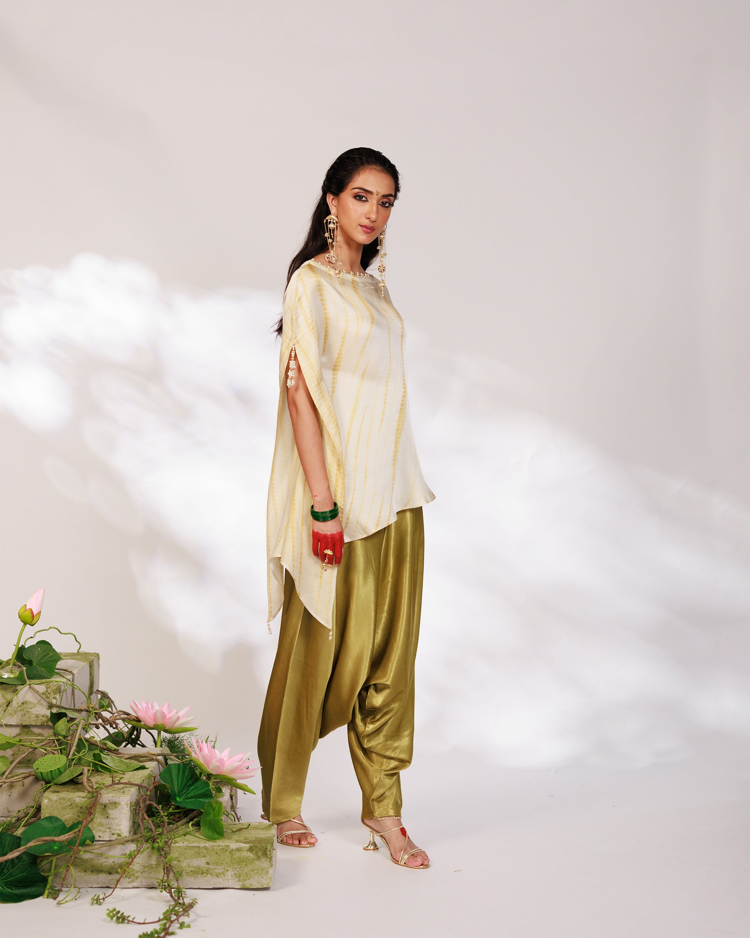 Siara Suit Set - White Green Assymetrical Dhoti Set