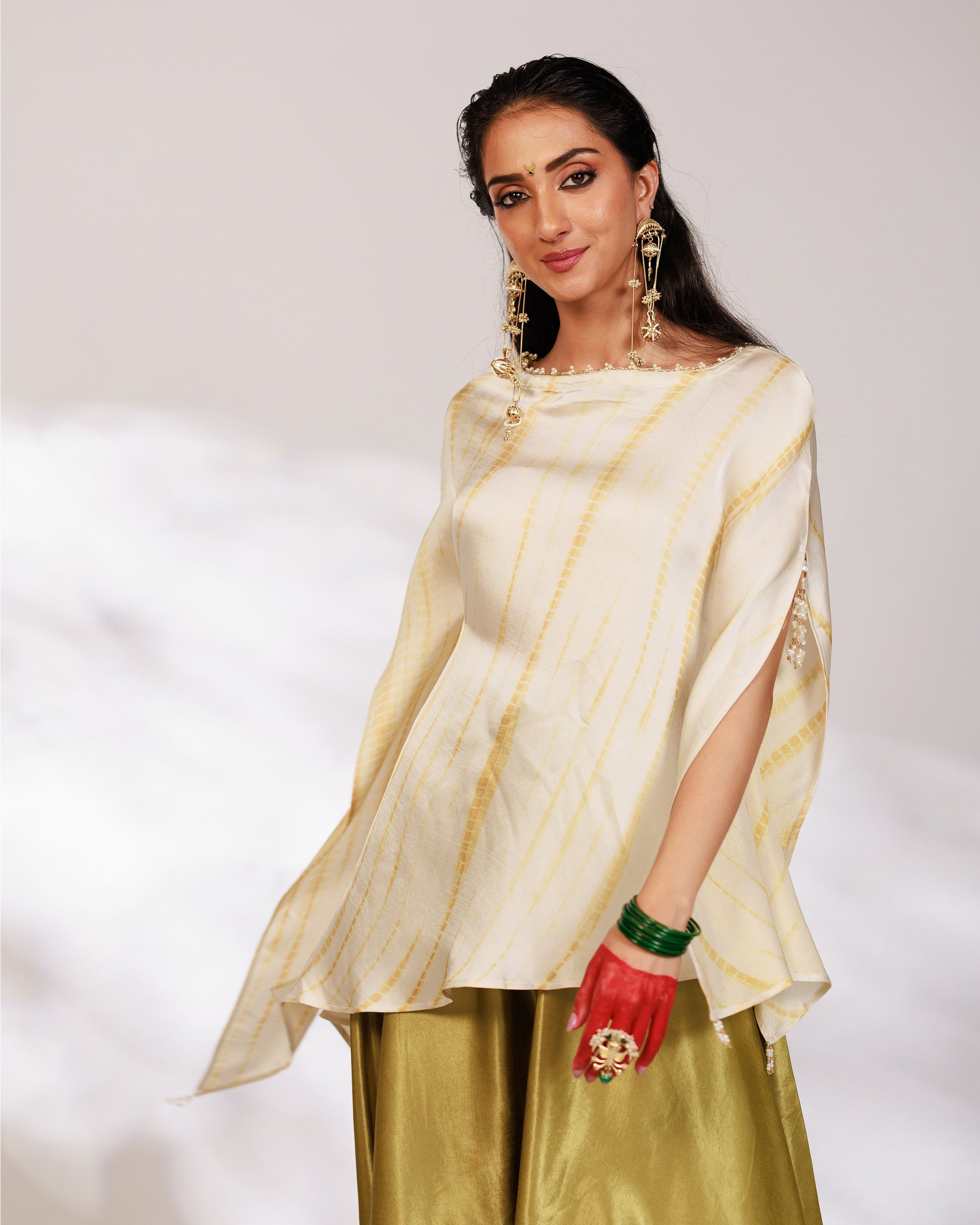 Siara Suit Set - White Green Assymetrical Dhoti Set