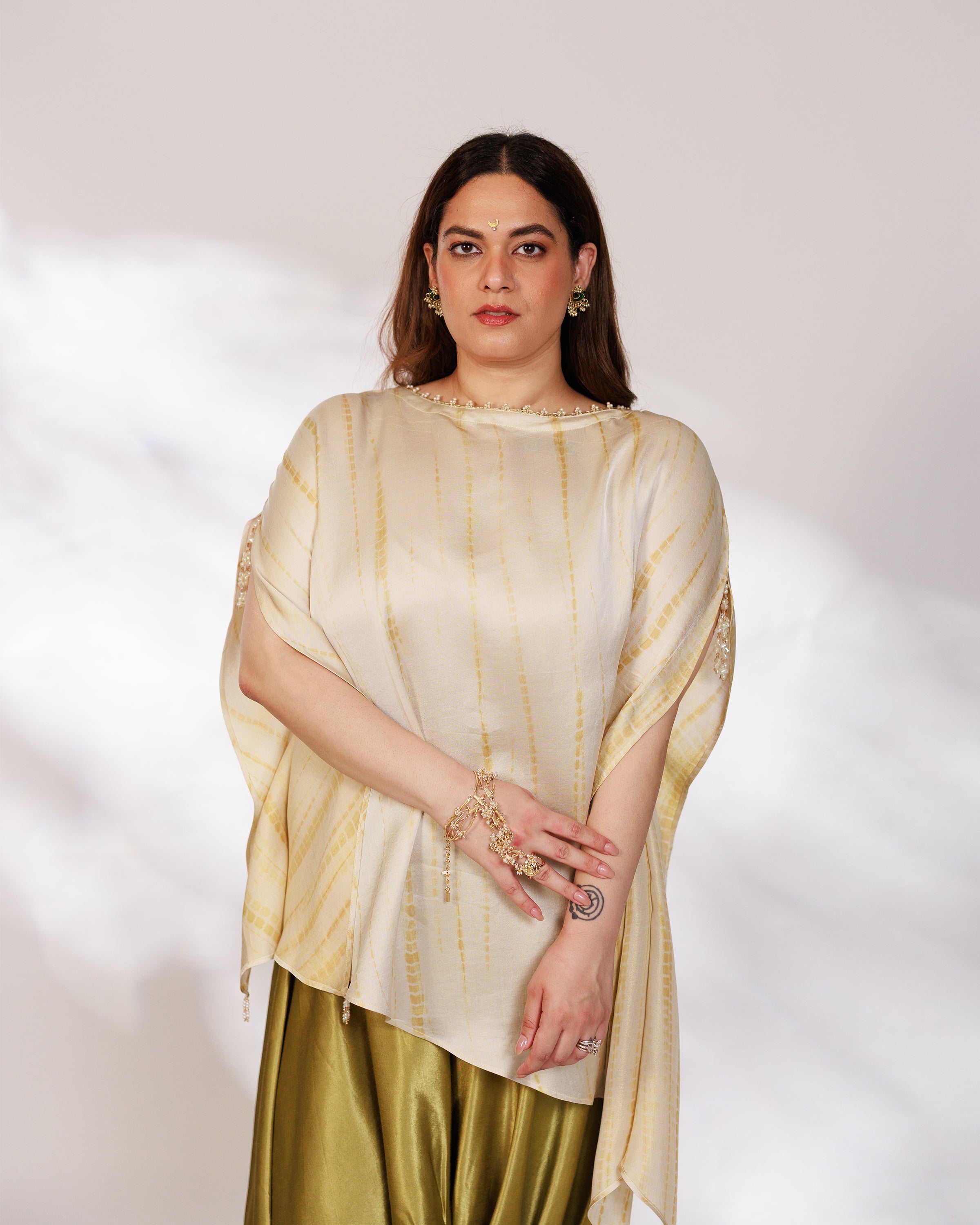 Siara Suit Set - White Green Assymetrical Dhoti Set