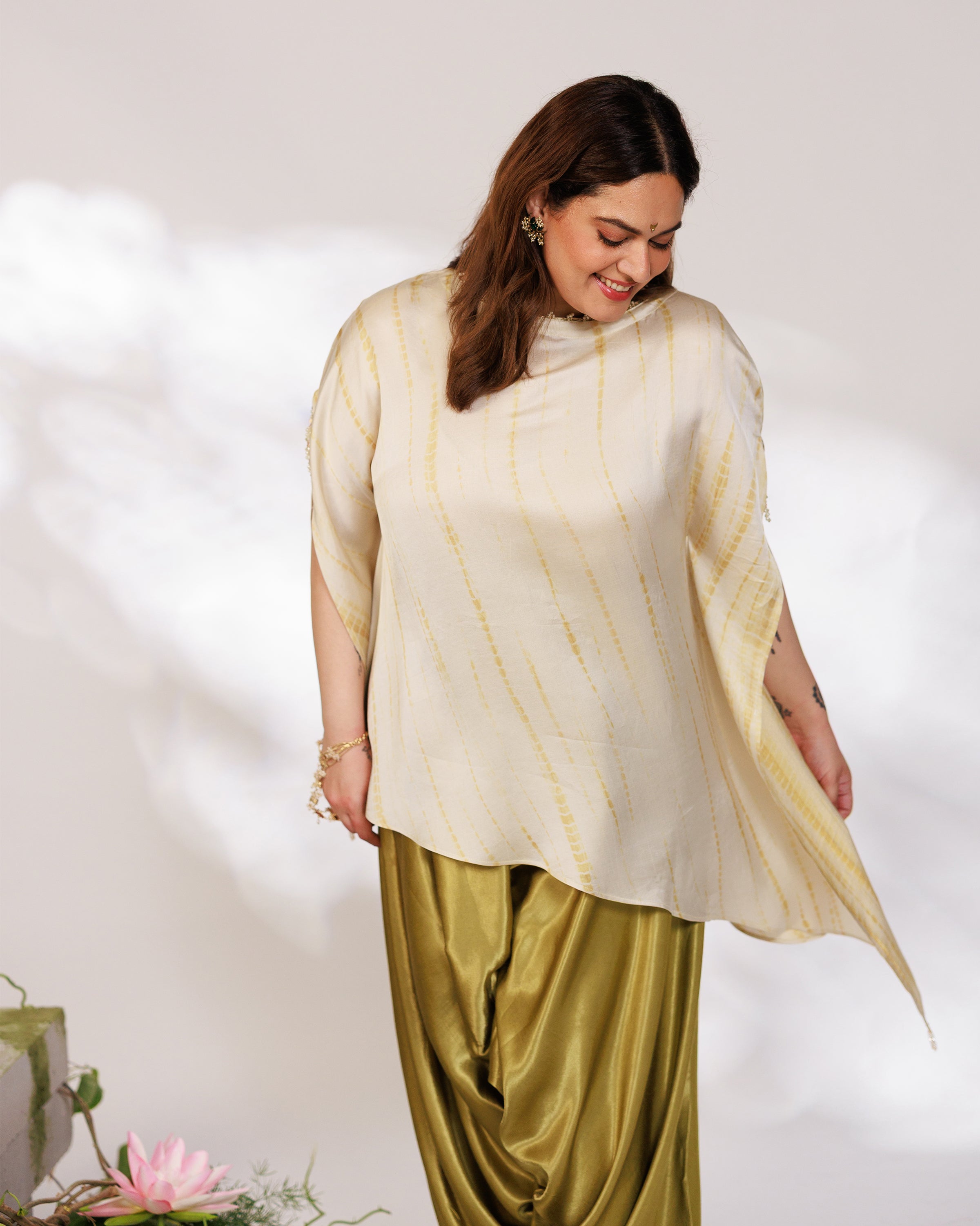 Siara Suit Set - White Green Assymetrical Dhoti Set