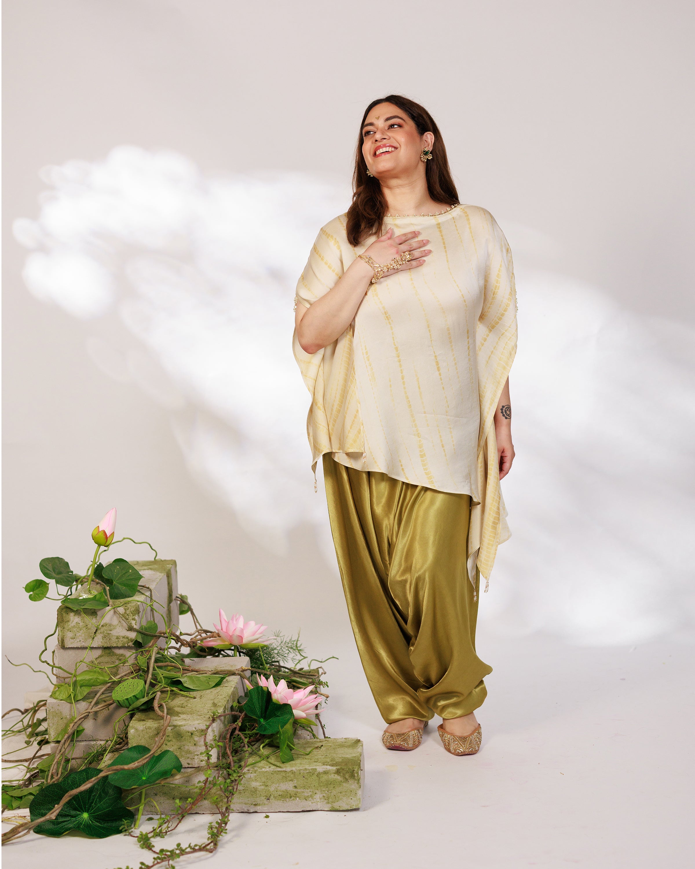 Siara Suit Set - White Green Assymetrical Dhoti Set