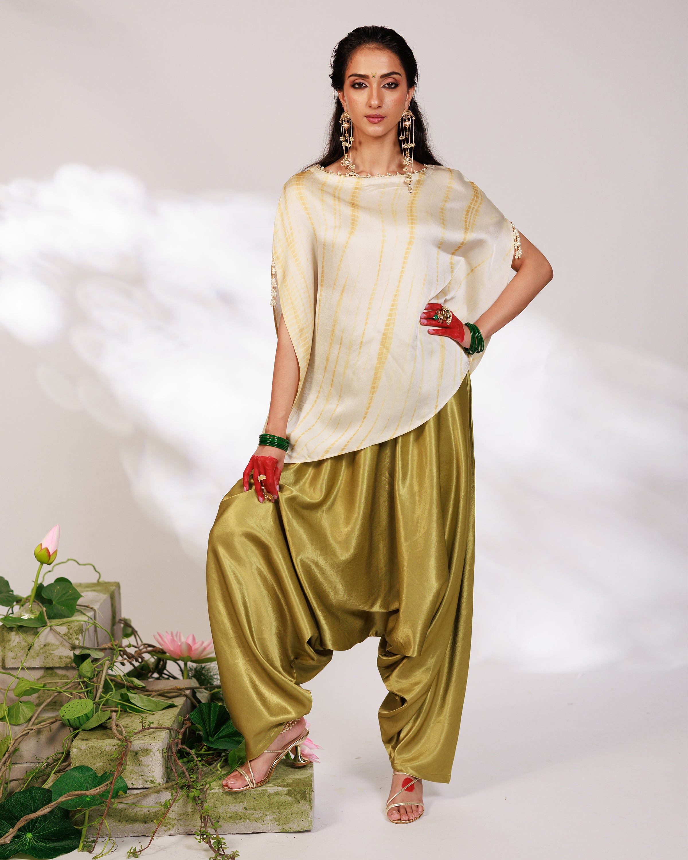 Siara Suit Set - White Green Assymetrical Dhoti Set