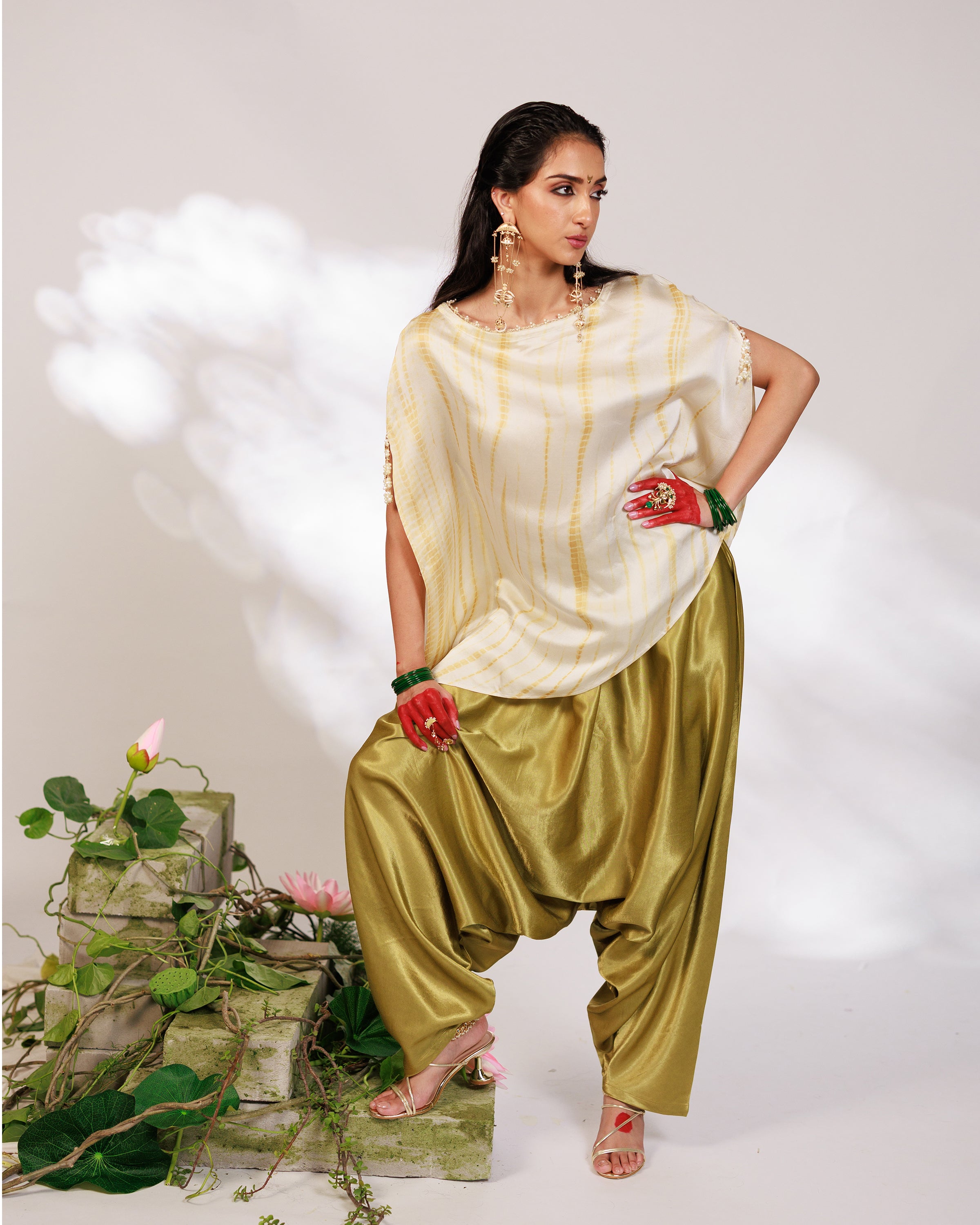 Siara Suit Set - White Green Assymetrical Dhoti Set