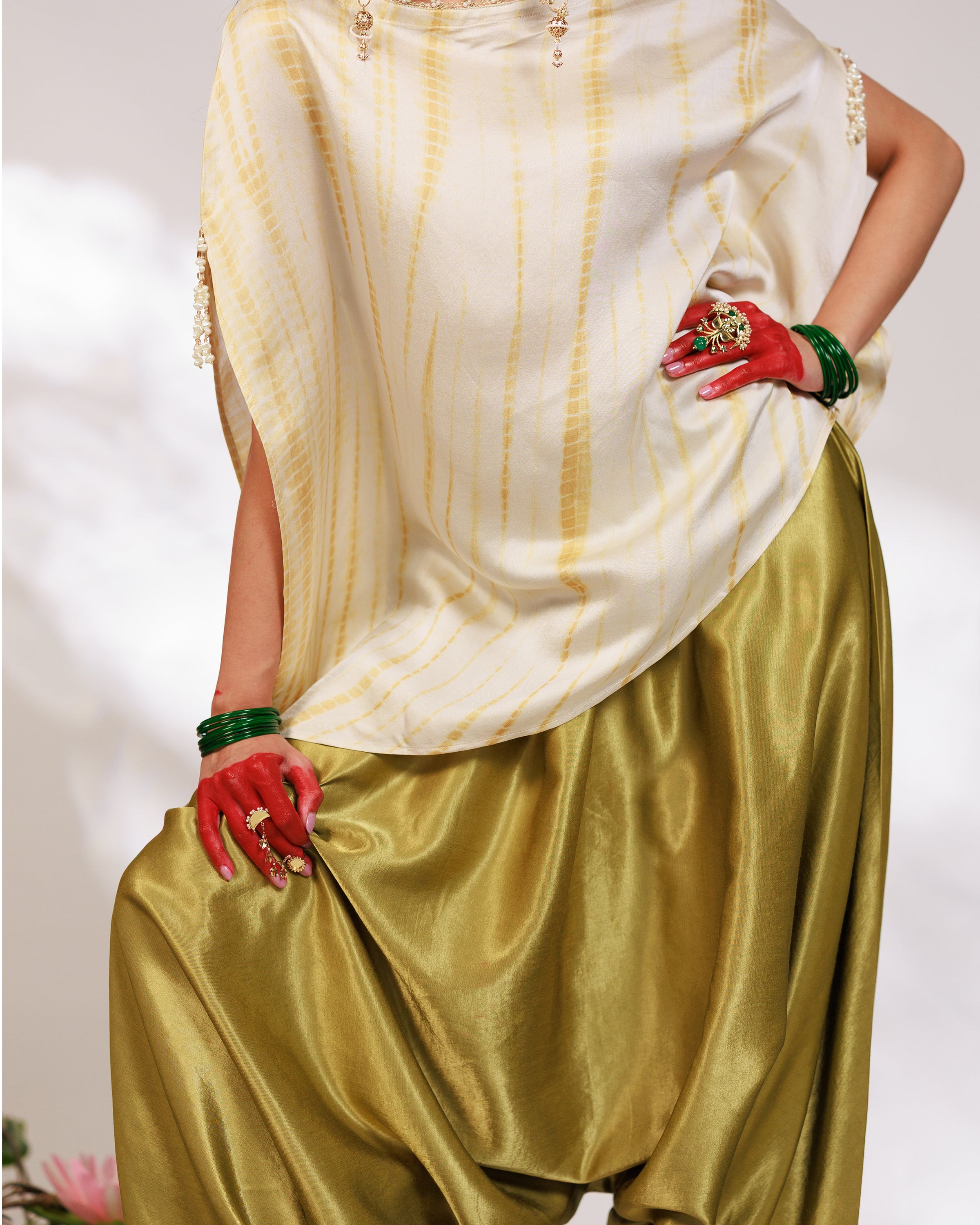 Siara Suit Set - White Green Assymetrical Dhoti Set
