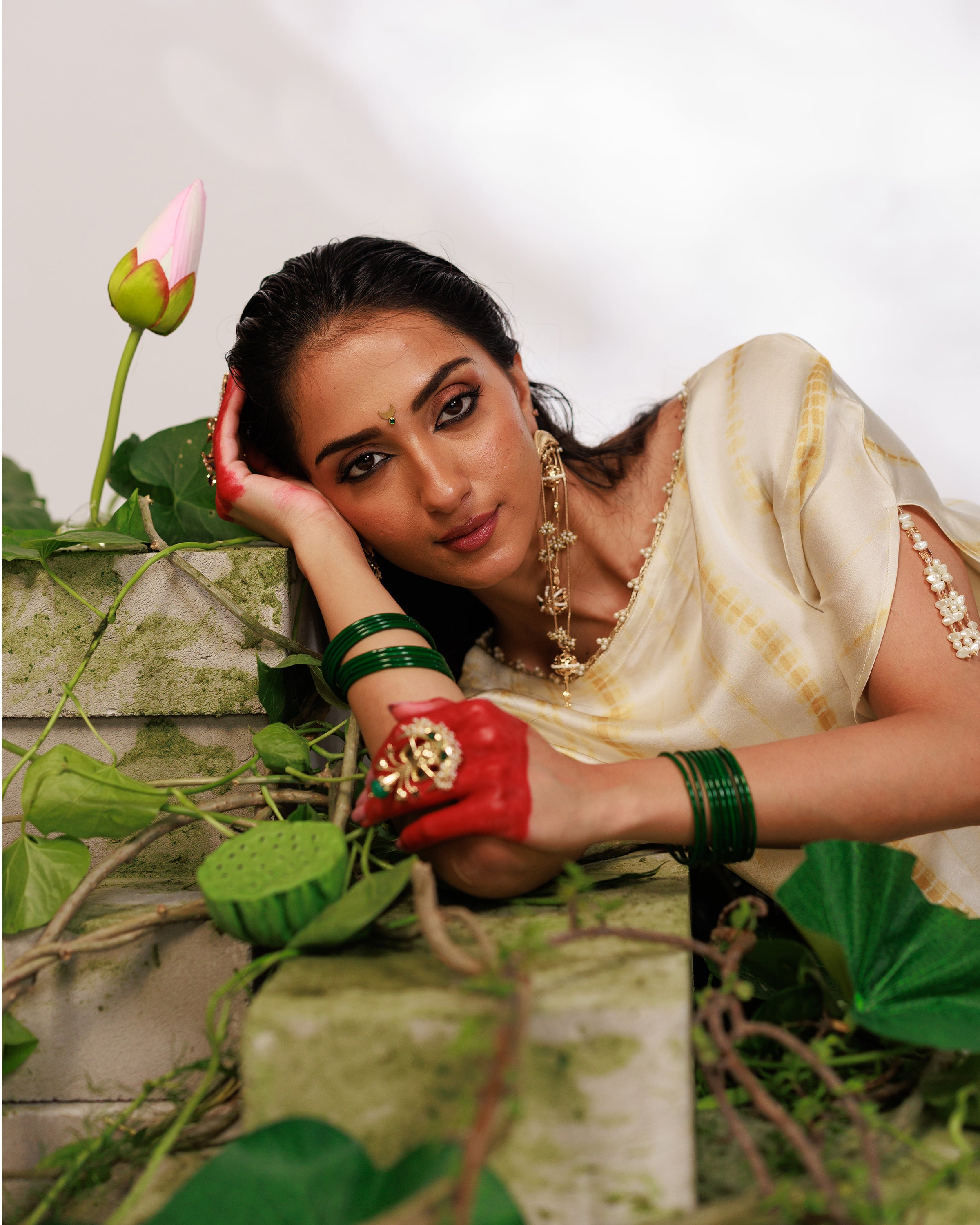 Siara Suit Set - White Green Assymetrical Dhoti Set