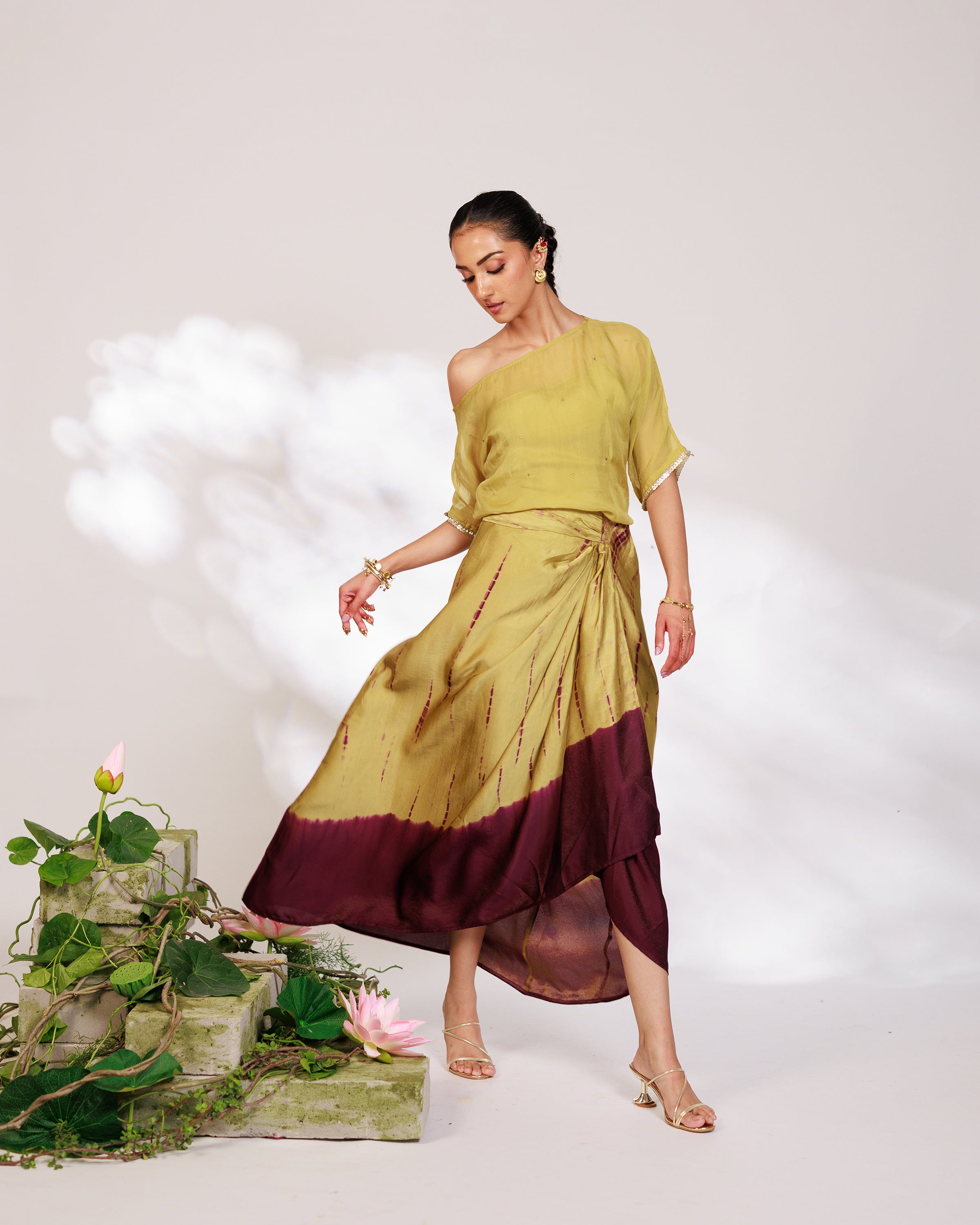 Sanjh Skirt Set - Olive Green Sheer Top and Draped Skirt Set