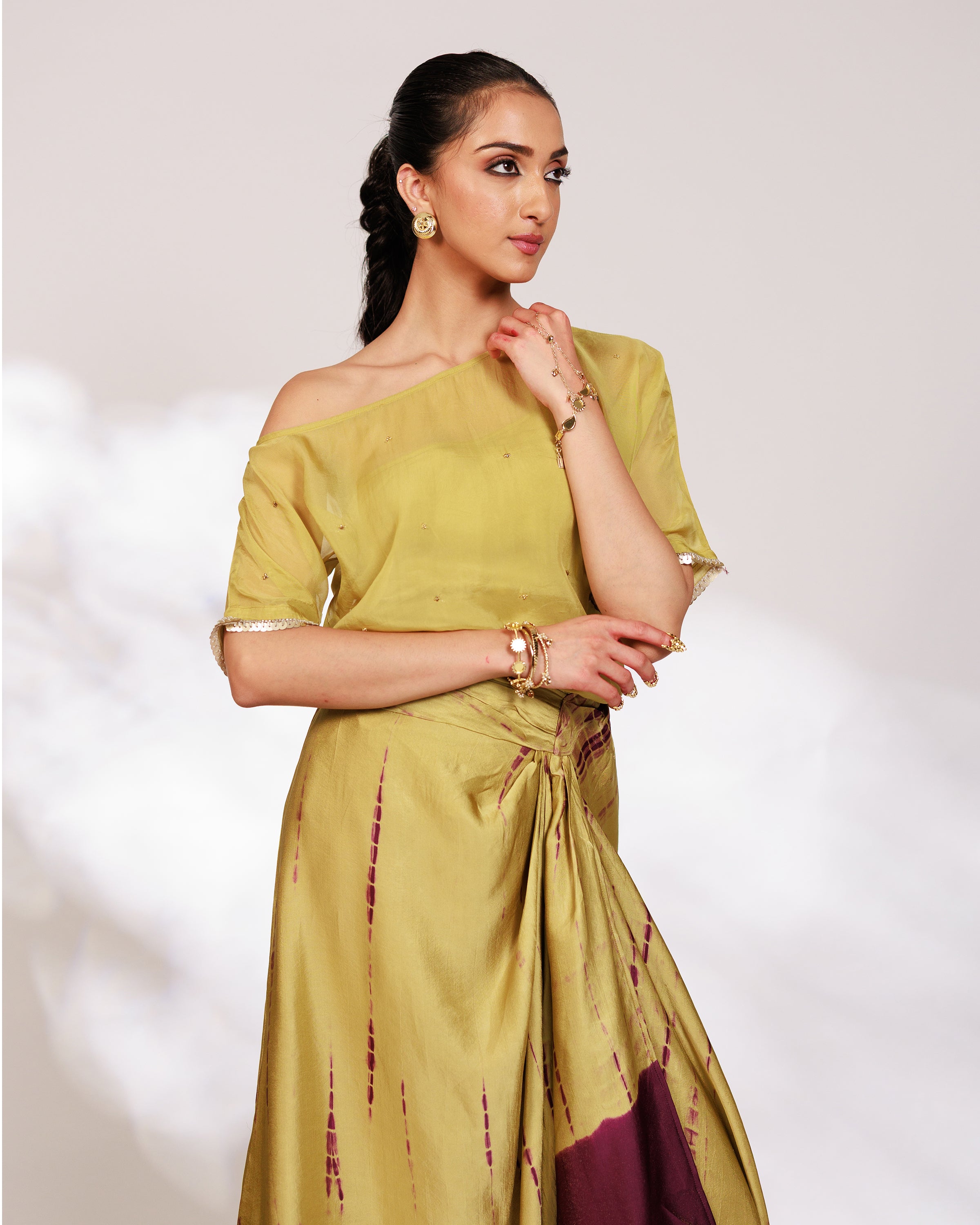 Sanjh Skirt Set - Olive Green Sheer Top and Draped Skirt Set