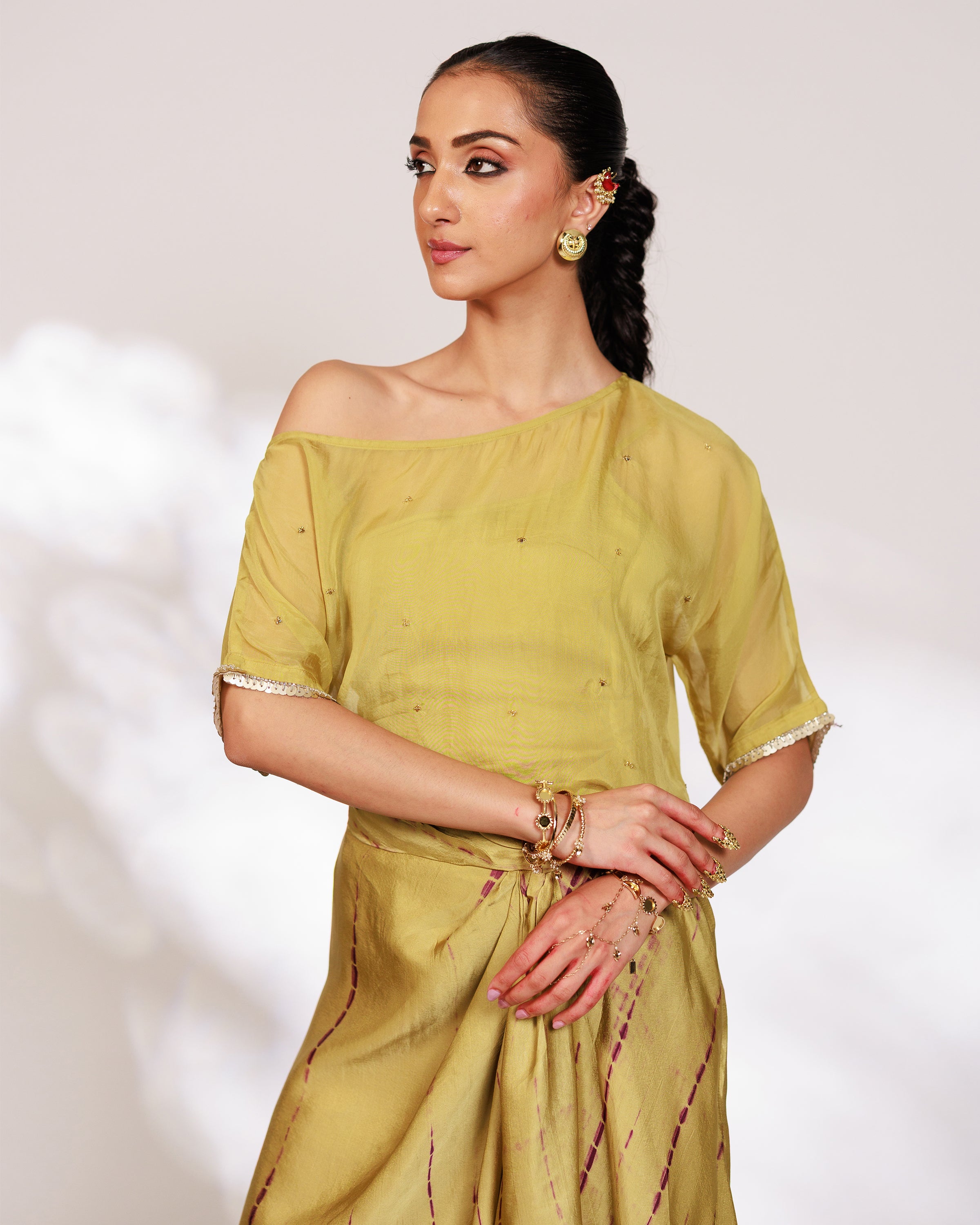 Sanjh Skirt Set - Olive Green Sheer Top and Draped Skirt Set