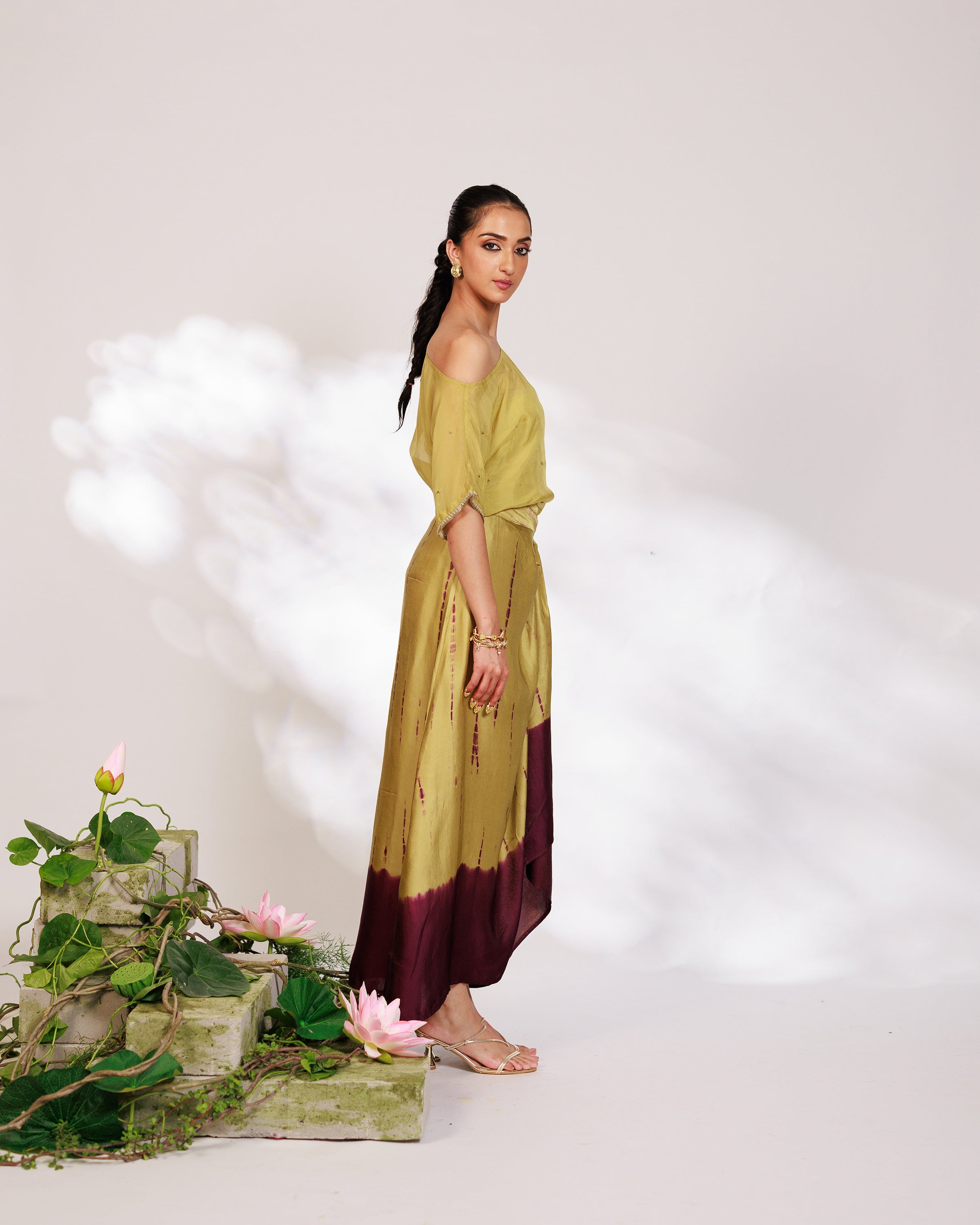 Sanjh Skirt Set - Olive Green Sheer Top and Draped Skirt Set