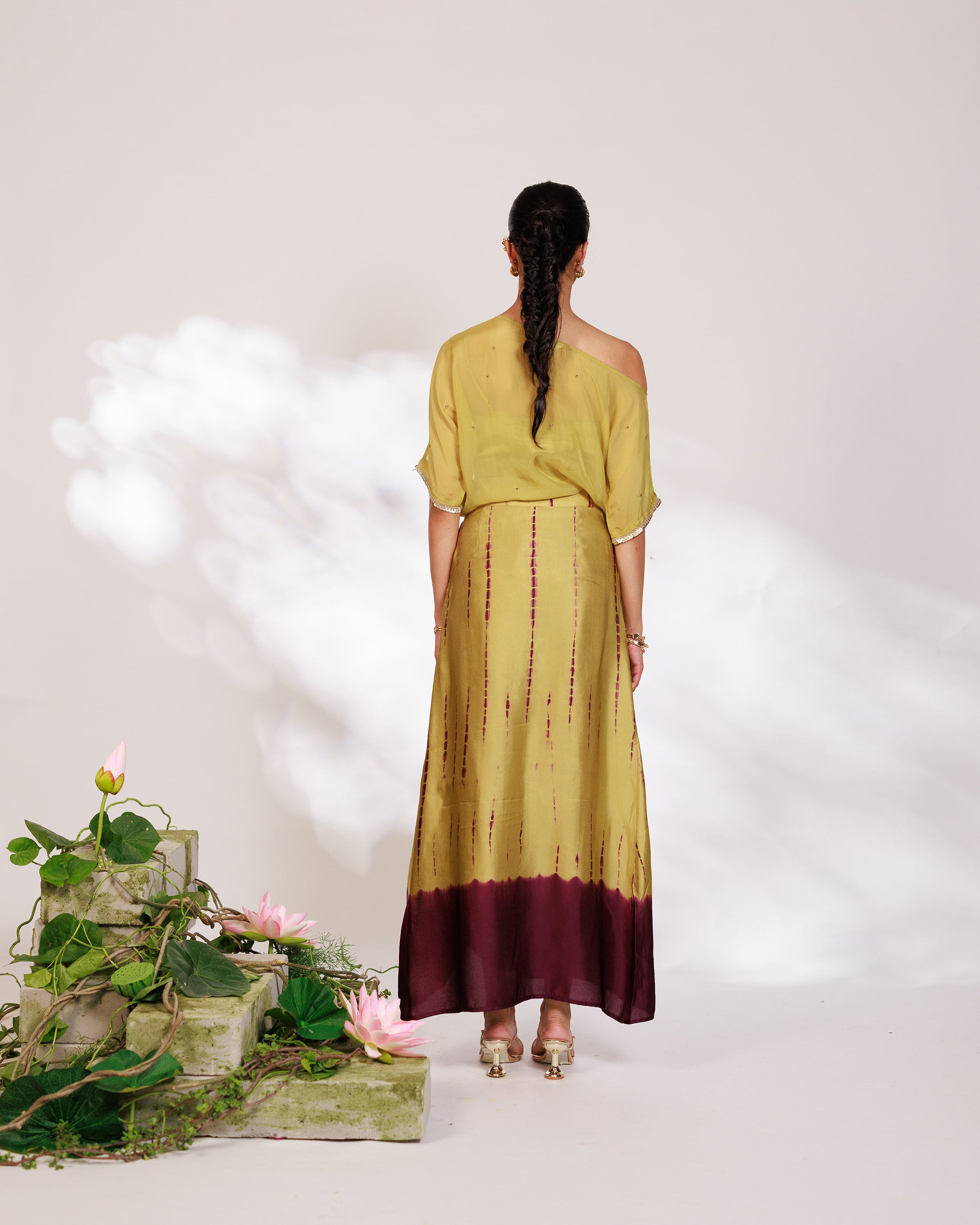 Sanjh Skirt Set - Olive Green Sheer Top and Draped Skirt Set