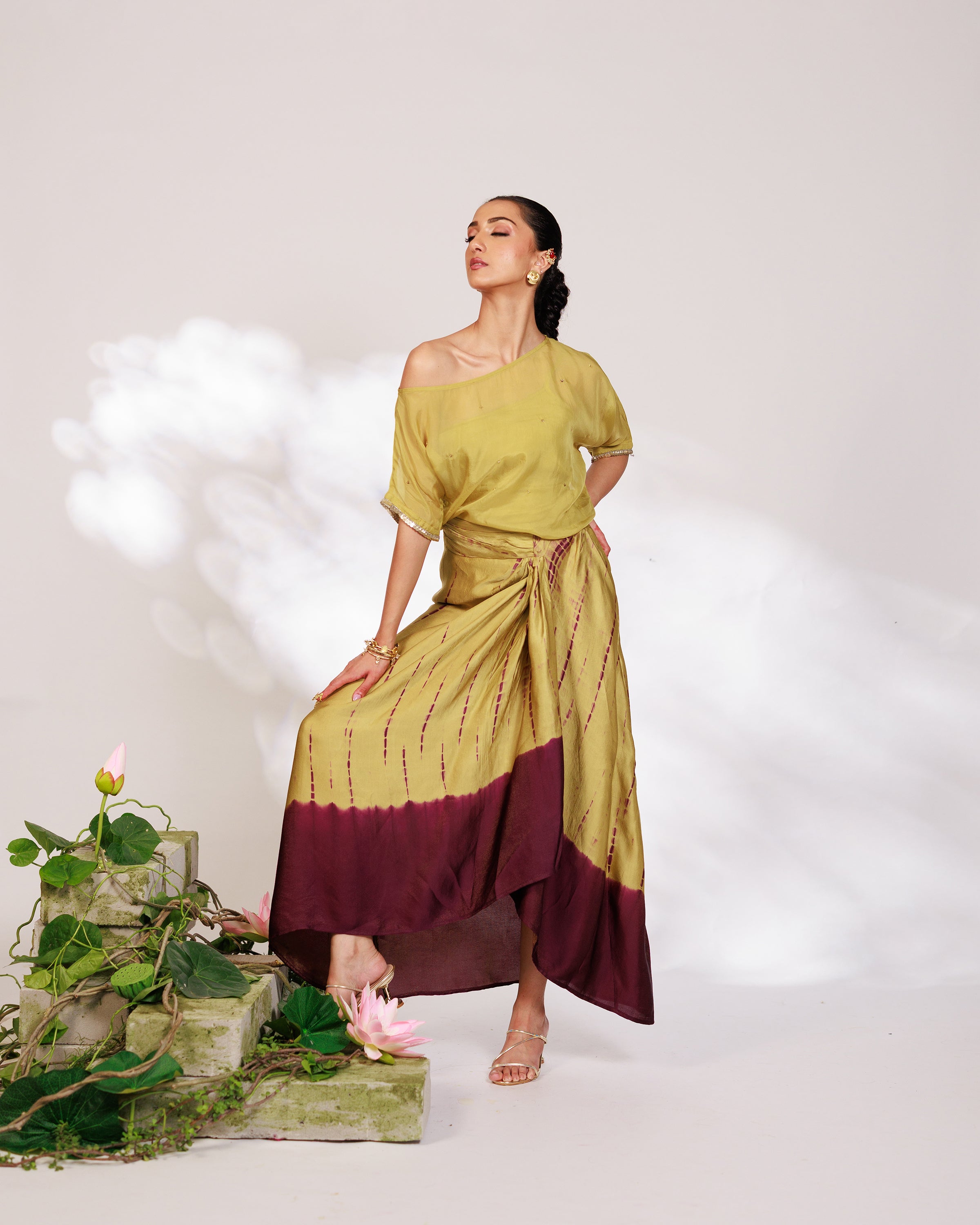 Sanjh Skirt Set - Olive Green Sheer Top and Draped Skirt Set
