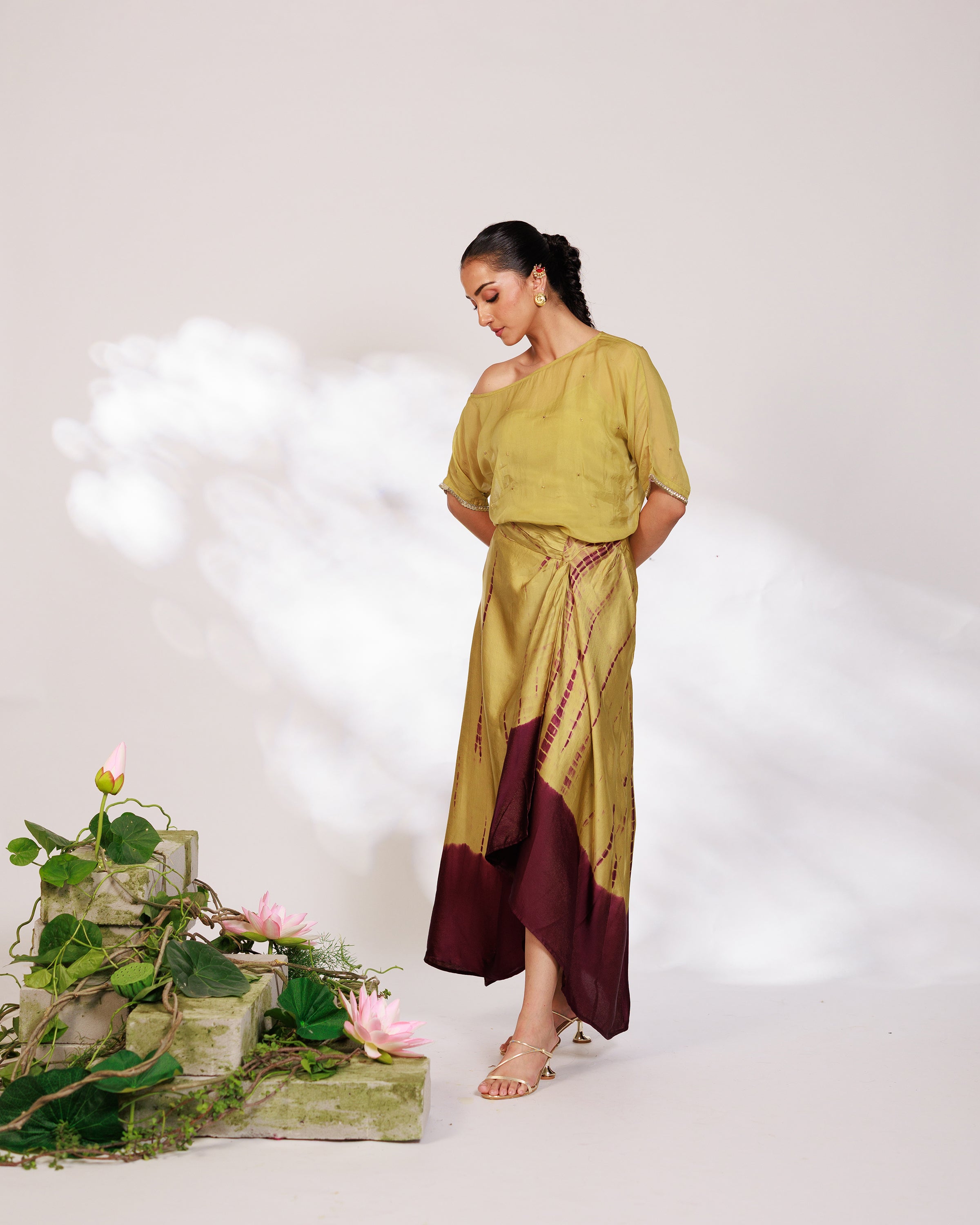 Sanjh Skirt Set - Olive Green Sheer Top and Draped Skirt Set