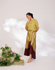 Sanjh Skirt Set - Olive Green Sheer Top and Draped Skirt Set