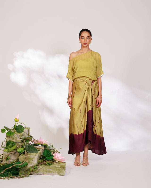 Sanjh Skirt Set - Olive Green Sheer Top and Draped Skirt Set