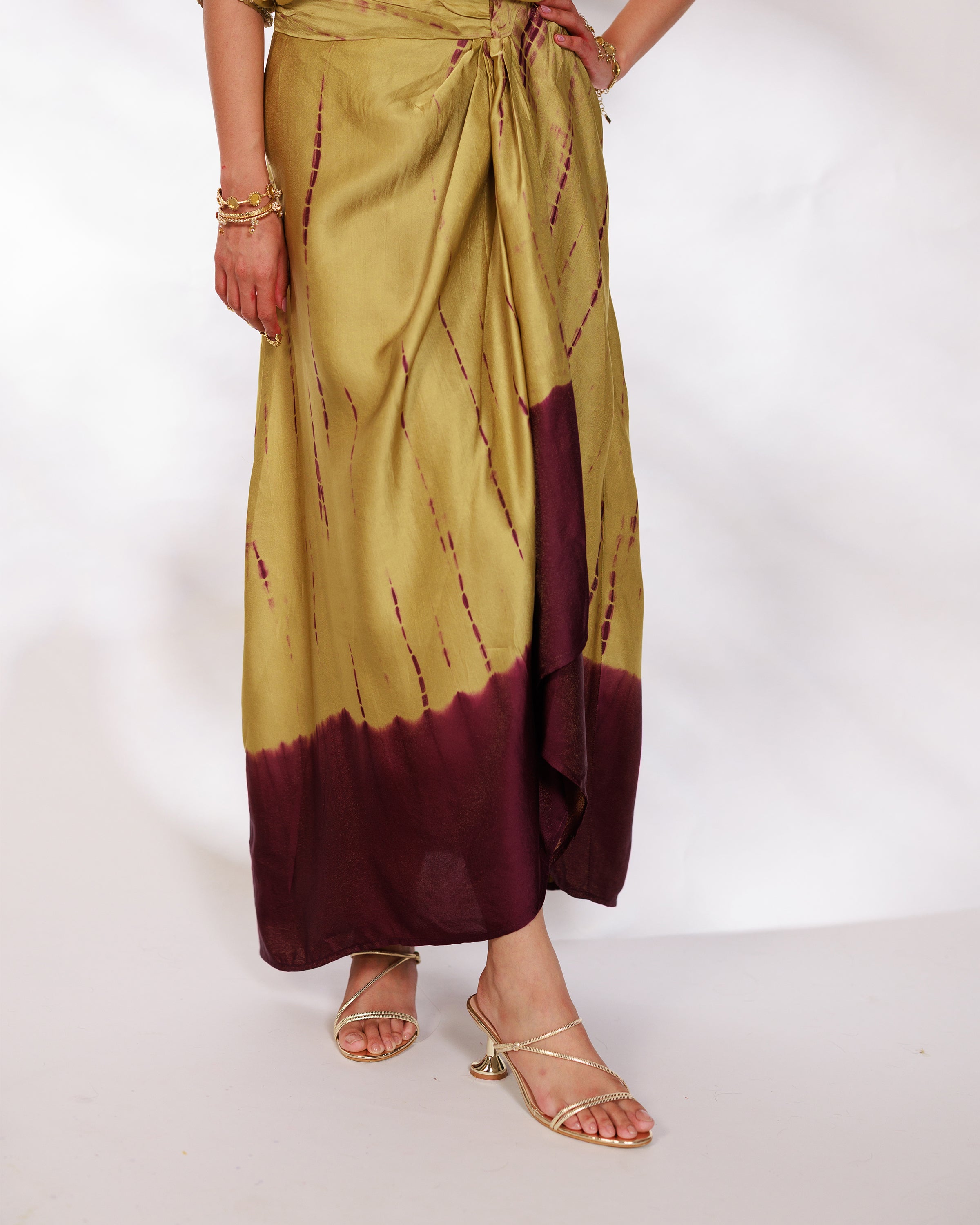 Sanjh Skirt Set - Olive Green Sheer Top and Draped Skirt Set