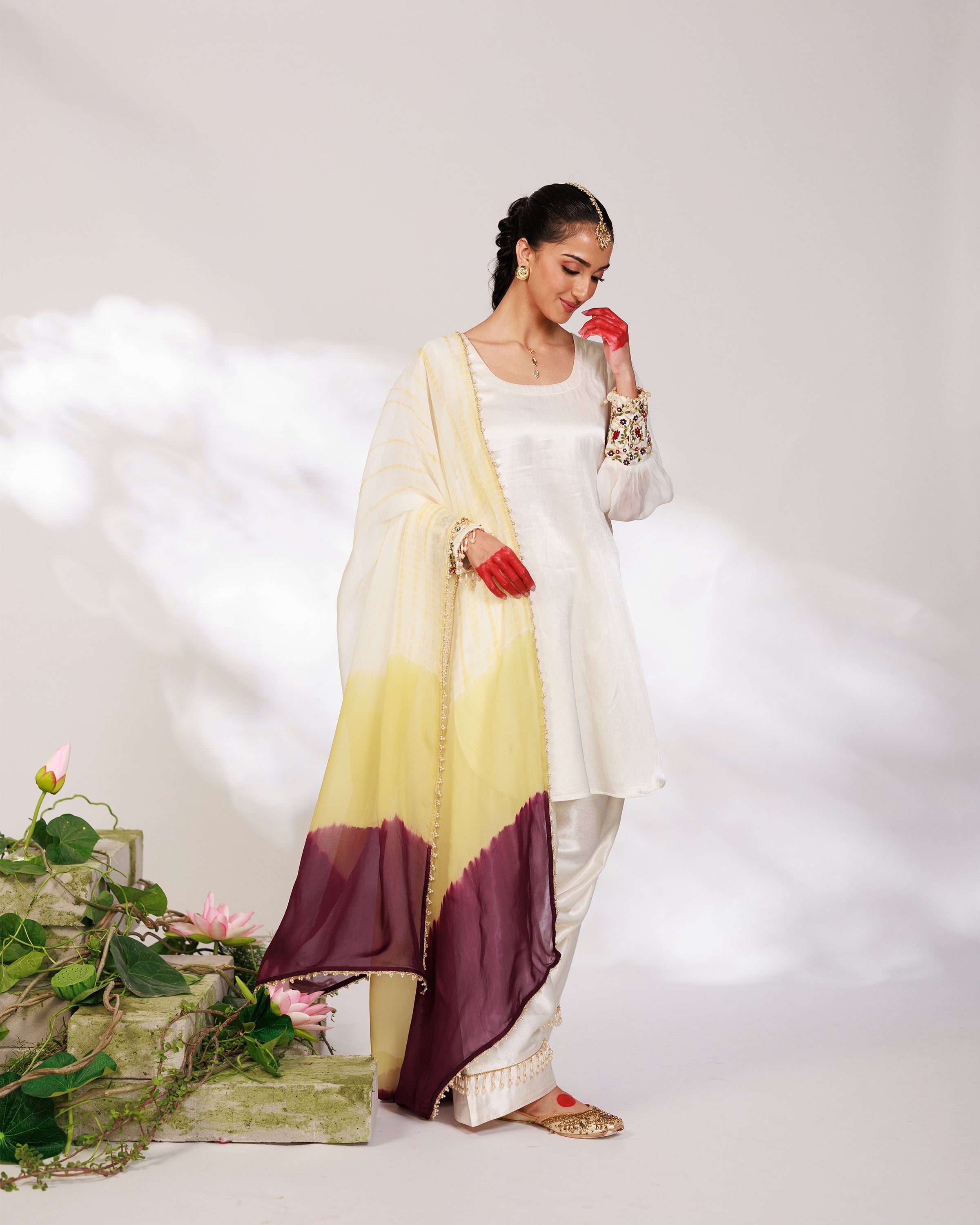 Anar Suit Set - White Pharsi Mashru Silk Suit Set with Embroidered Cuff And Dupatta