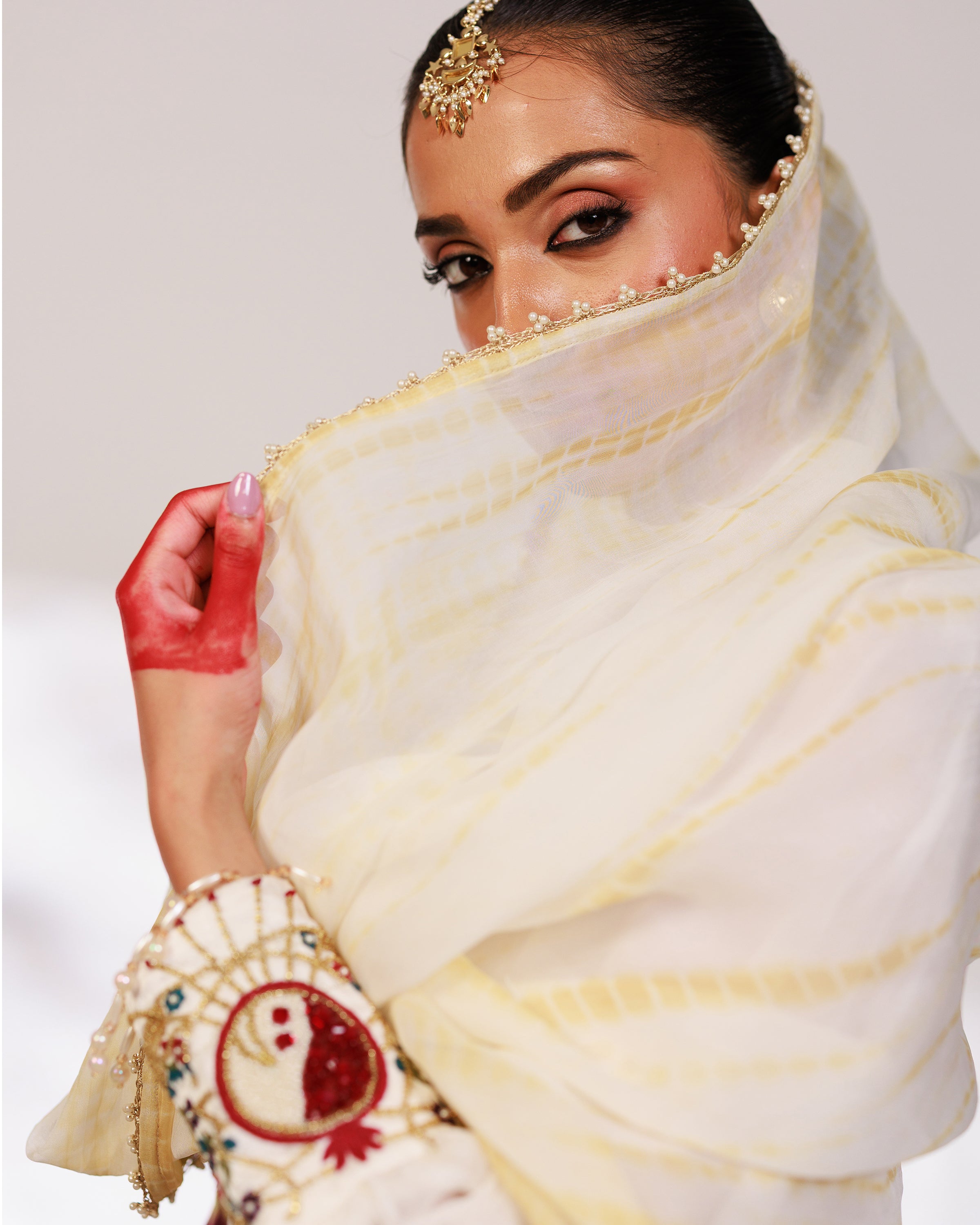 Anar Suit Set - White Pharsi Mashru Silk Suit Set with Embroidered Cuff And Dupatta