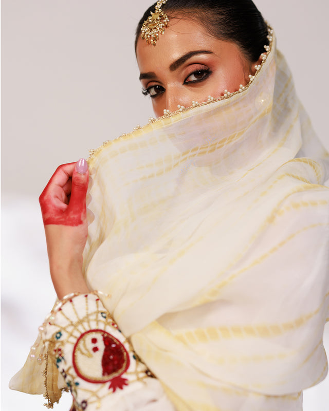 Anar Suit Set - White Pharsi Mashru Silk Suit Set with Embroidered Cuff And Dupatta