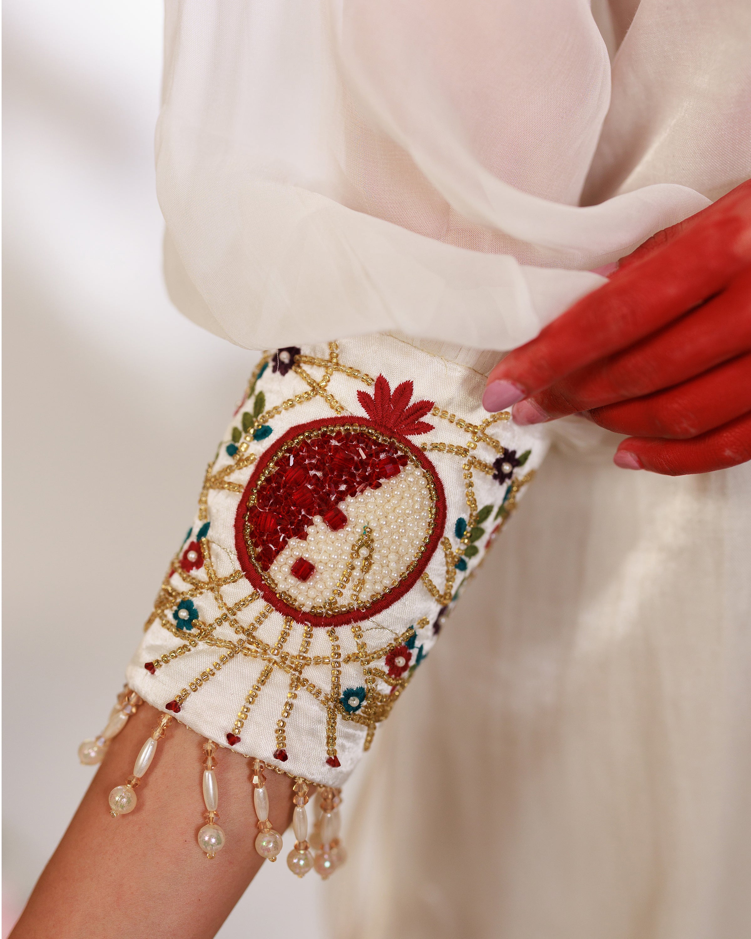 Anar Suit Set - White Pharsi Mashru Silk Suit Set with Embroidered Cuff And Dupatta