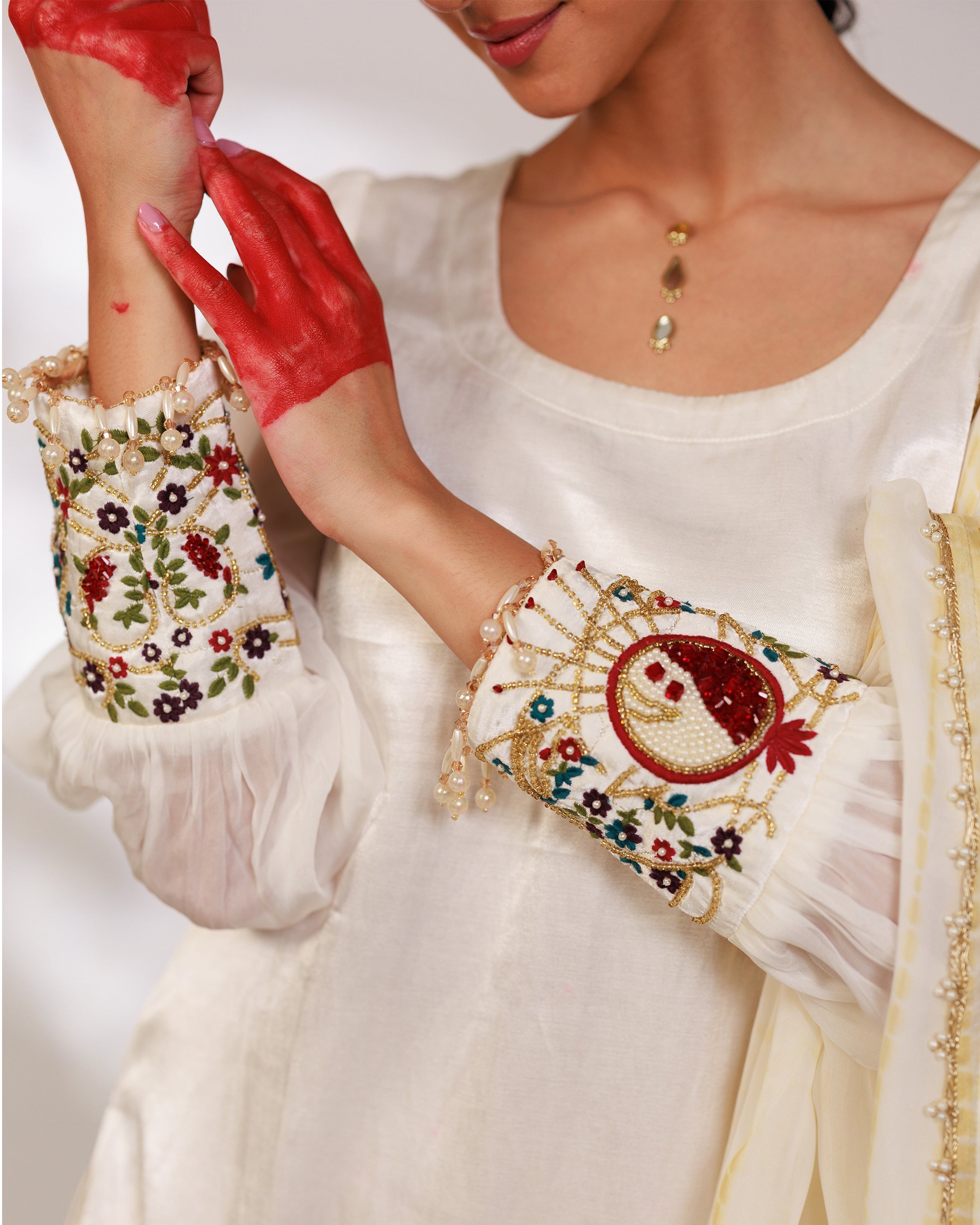 Anar Suit Set - White Pharsi Mashru Silk Suit Set with Embroidered Cuff And Dupatta