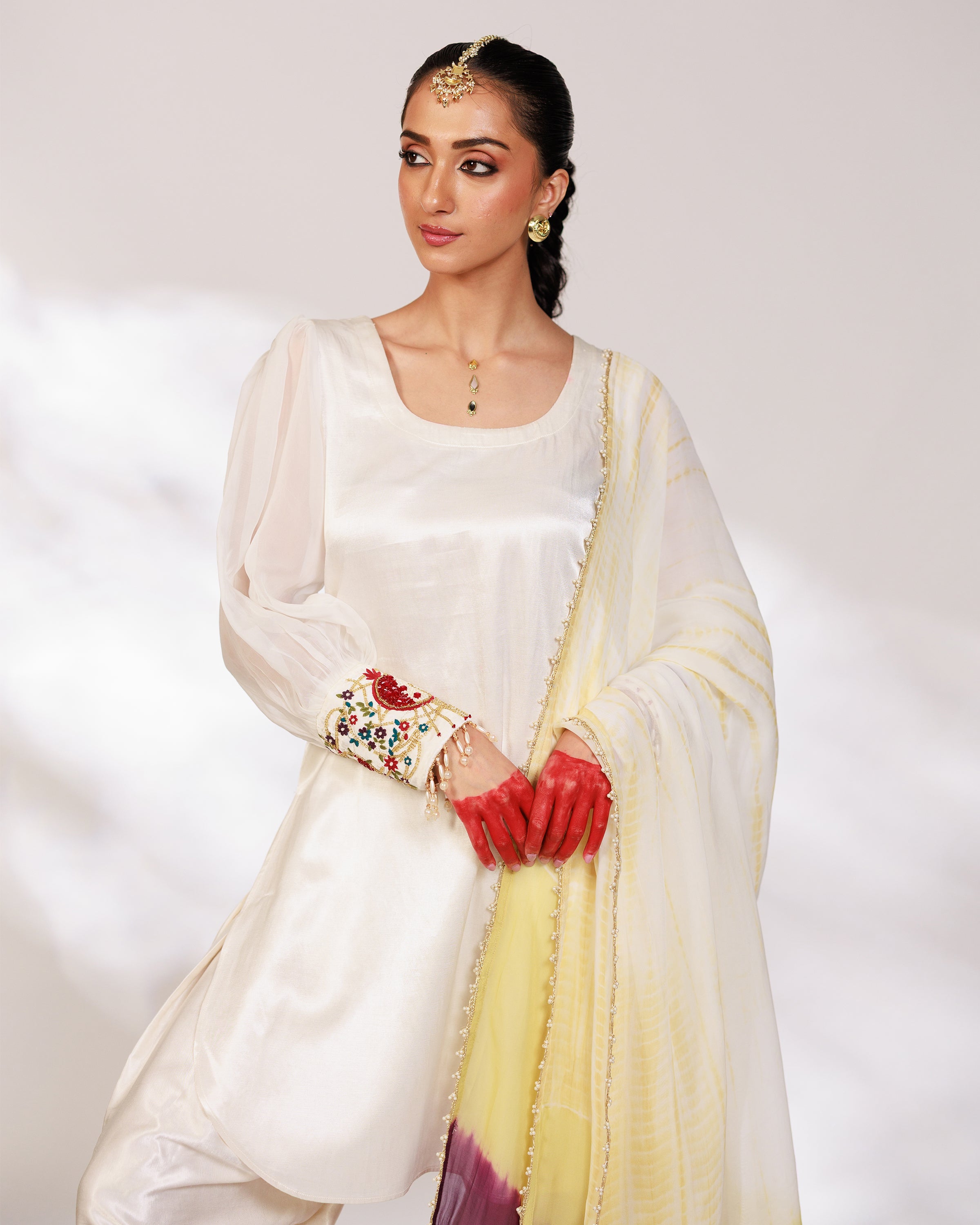 Anar Suit Set - White Pharsi Mashru Silk Suit Set with Embroidered Cuff And Dupatta