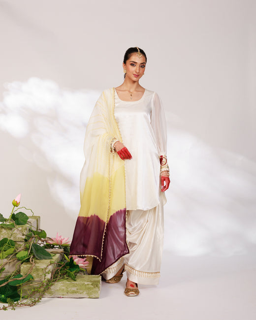 Anar Suit Set - White Pharsi Mashru Silk Suit Set with Embroidered Cuff And Dupatta