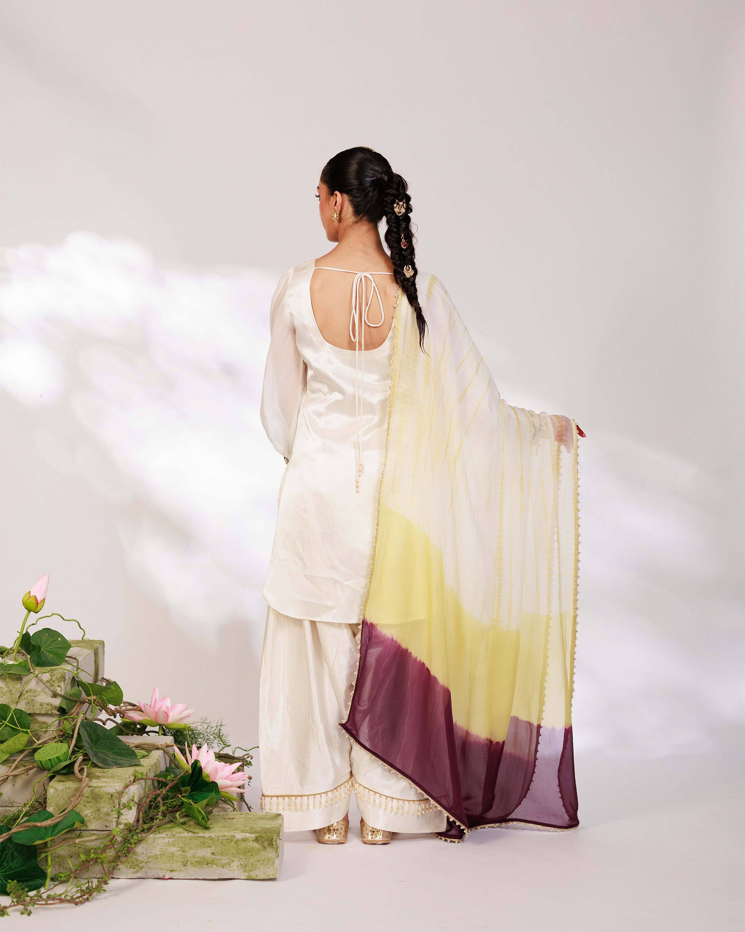 Anar Suit Set - White Pharsi Mashru Silk Suit Set with Embroidered Cuff And Dupatta