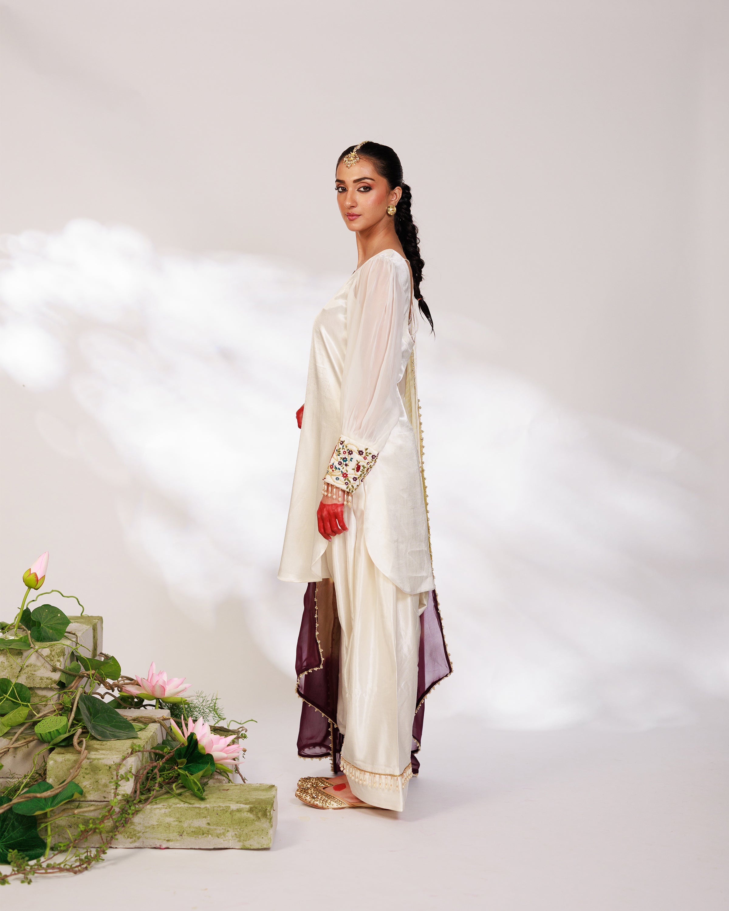 Anar Suit Set - White Pharsi Mashru Silk Suit Set with Embroidered Cuff And Dupatta