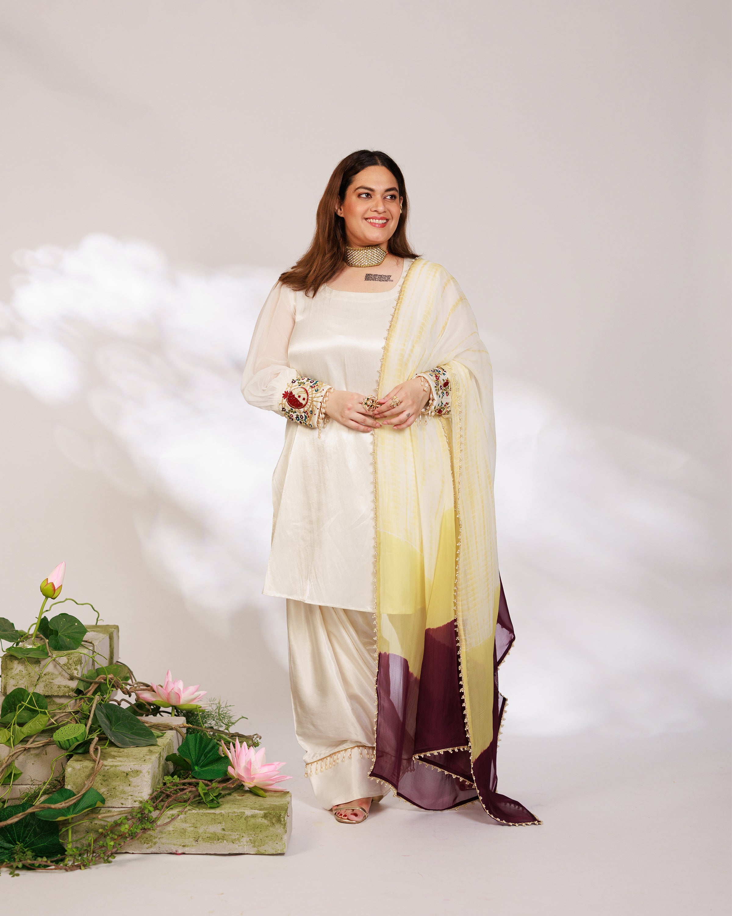 Anar Suit Set - White Pharsi Mashru Silk Suit Set with Embroidered Cuff And Dupatta