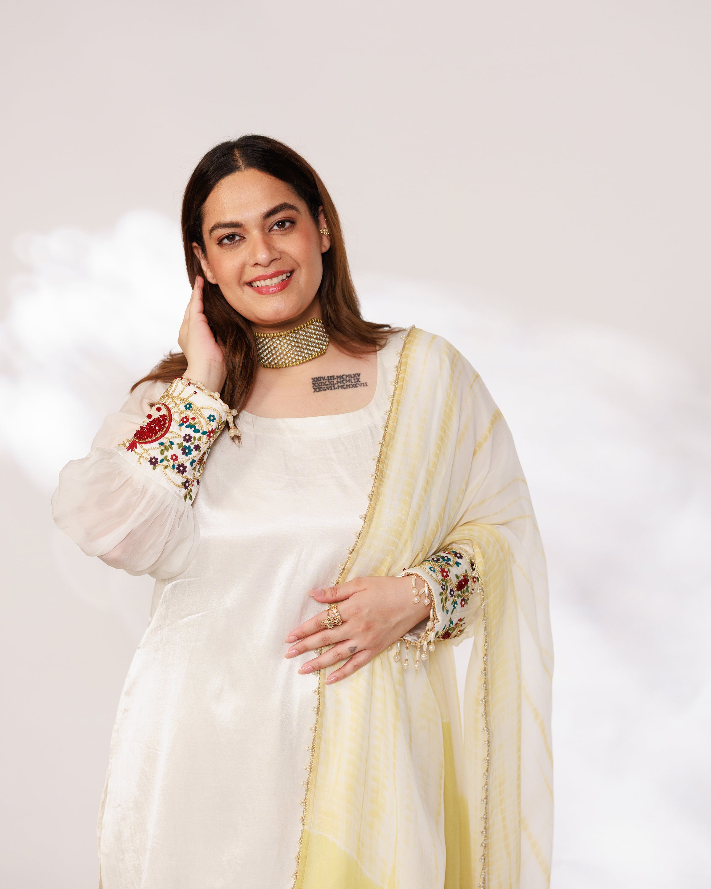 Anar Suit Set - White Pharsi Mashru Silk Suit Set with Embroidered Cuff And Dupatta